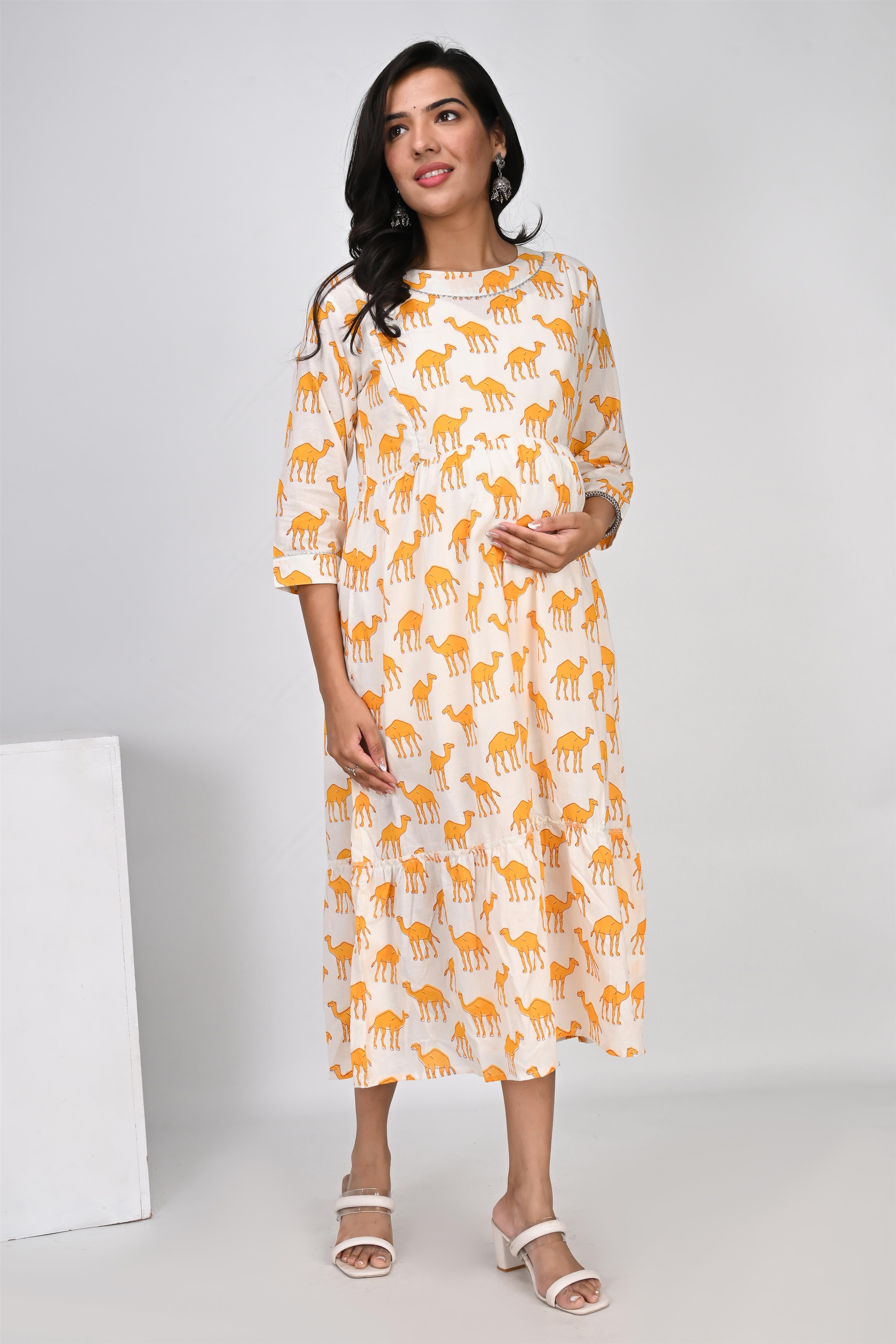 Ofably Yellow Camel Print With Lace Maternity Chain Feeding Kurti -Cream (OFMK136)