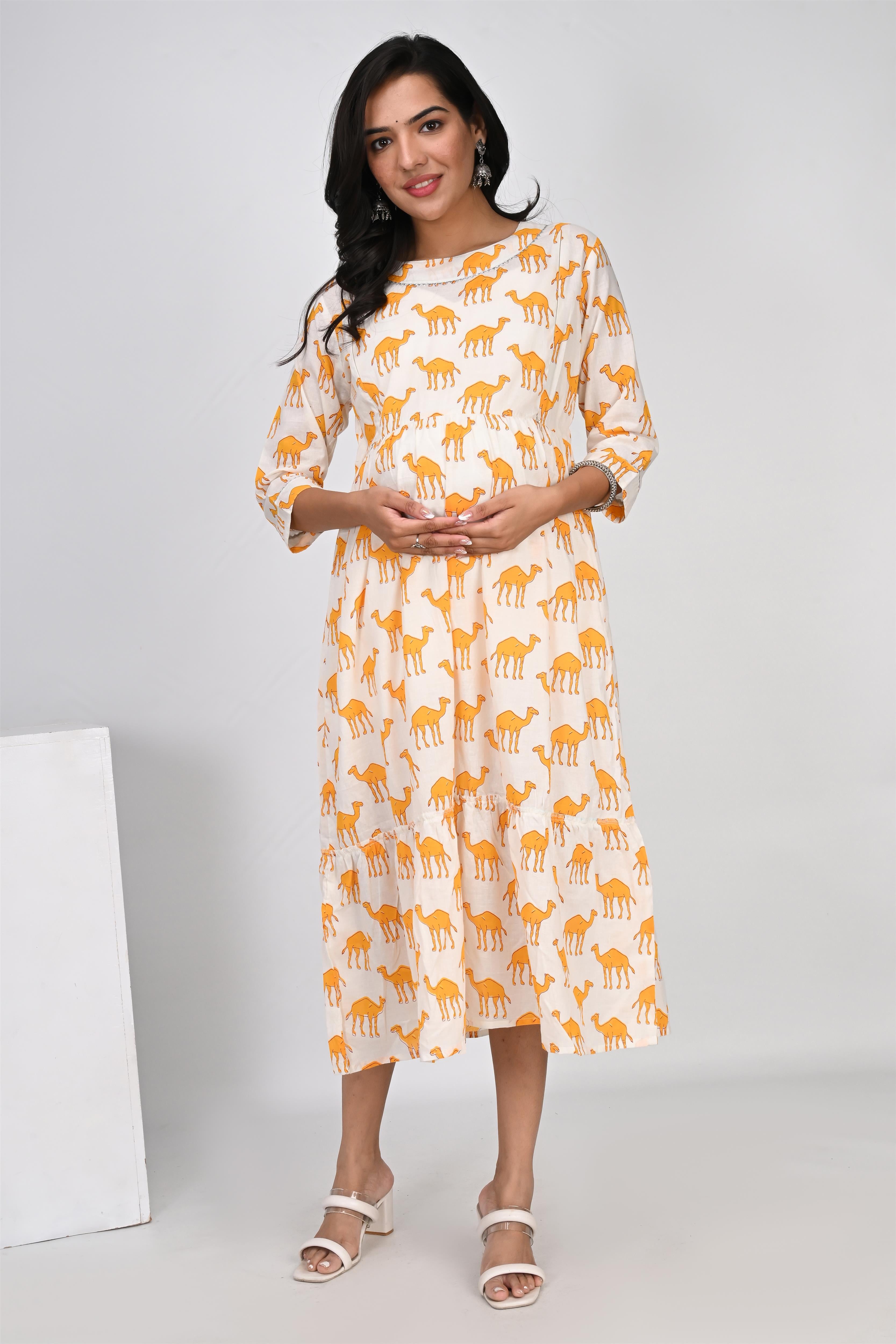 Ofably Yellow Camel Print With Lace Maternity Chain Feeding Kurti -Cream (OFMK136)