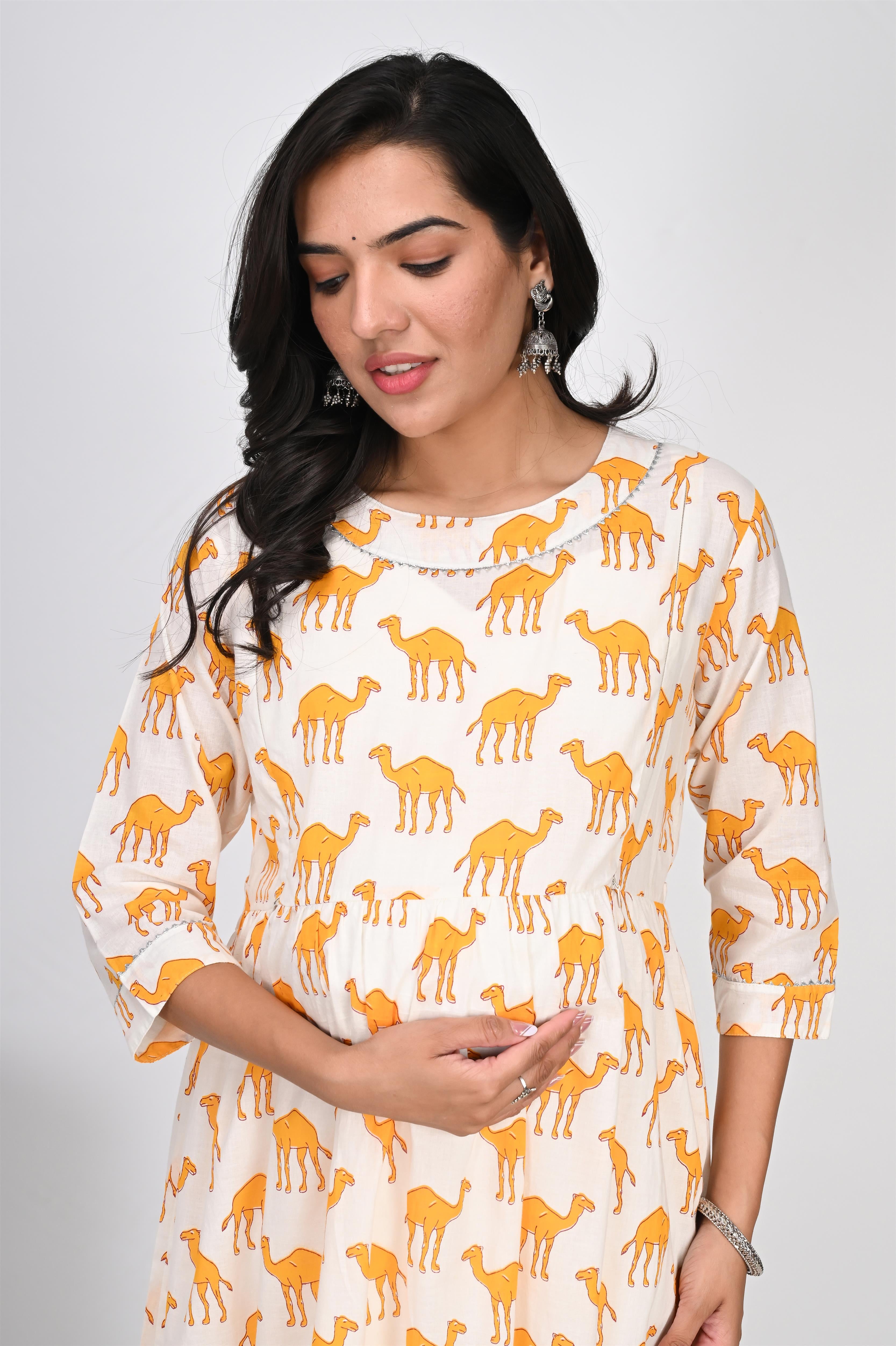 Ofably Yellow Camel Print With Lace Maternity Chain Feeding Kurti -Cream (OFMK136)