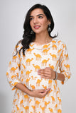 Ofably Yellow Camel Print With Lace Maternity Chain Feeding Kurti -Cream (OFMK136)