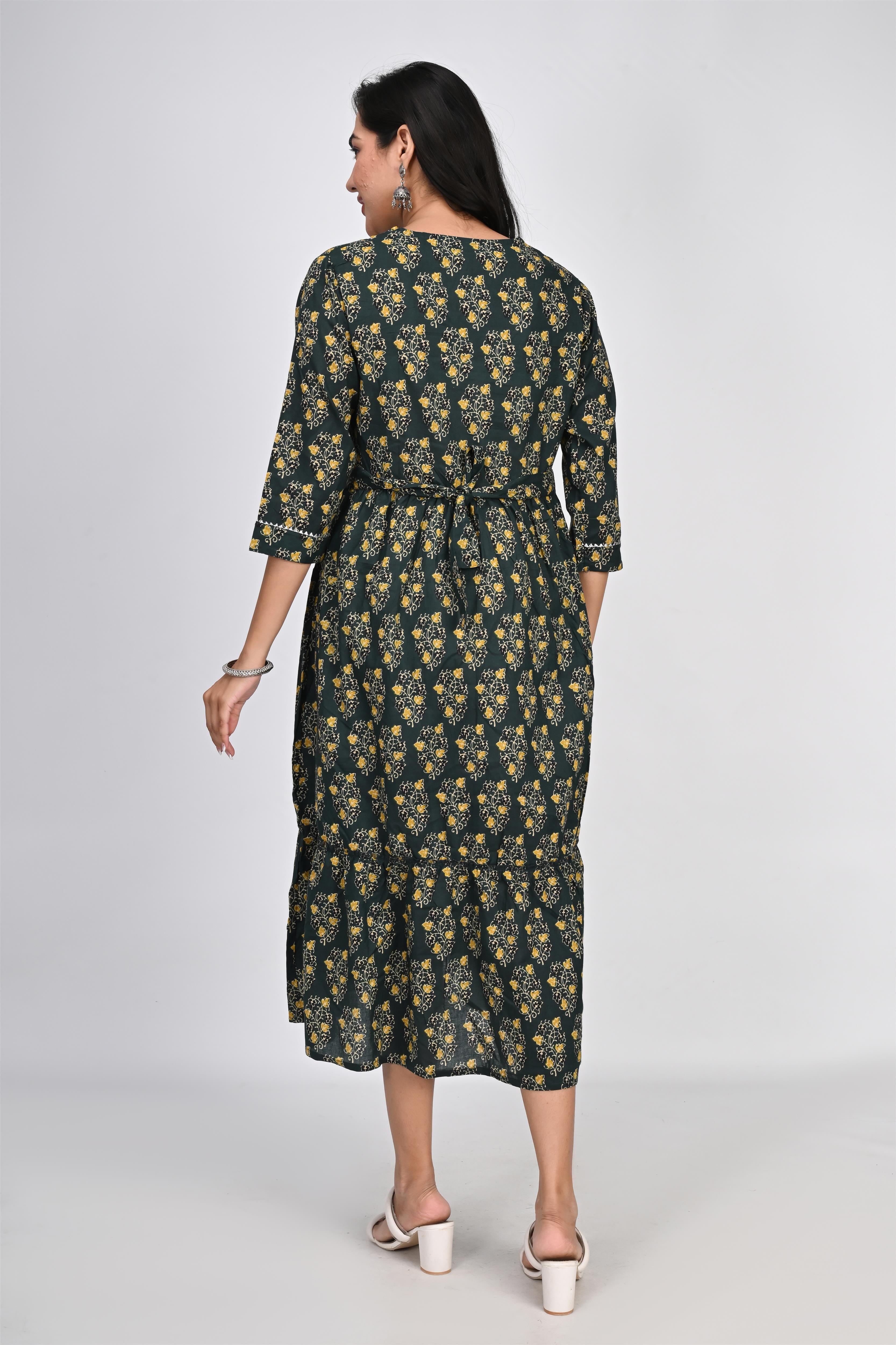 Ofably Flower Printed with Lace Cotton Maternity Feeding Dress -Dark Green (OFMK146)