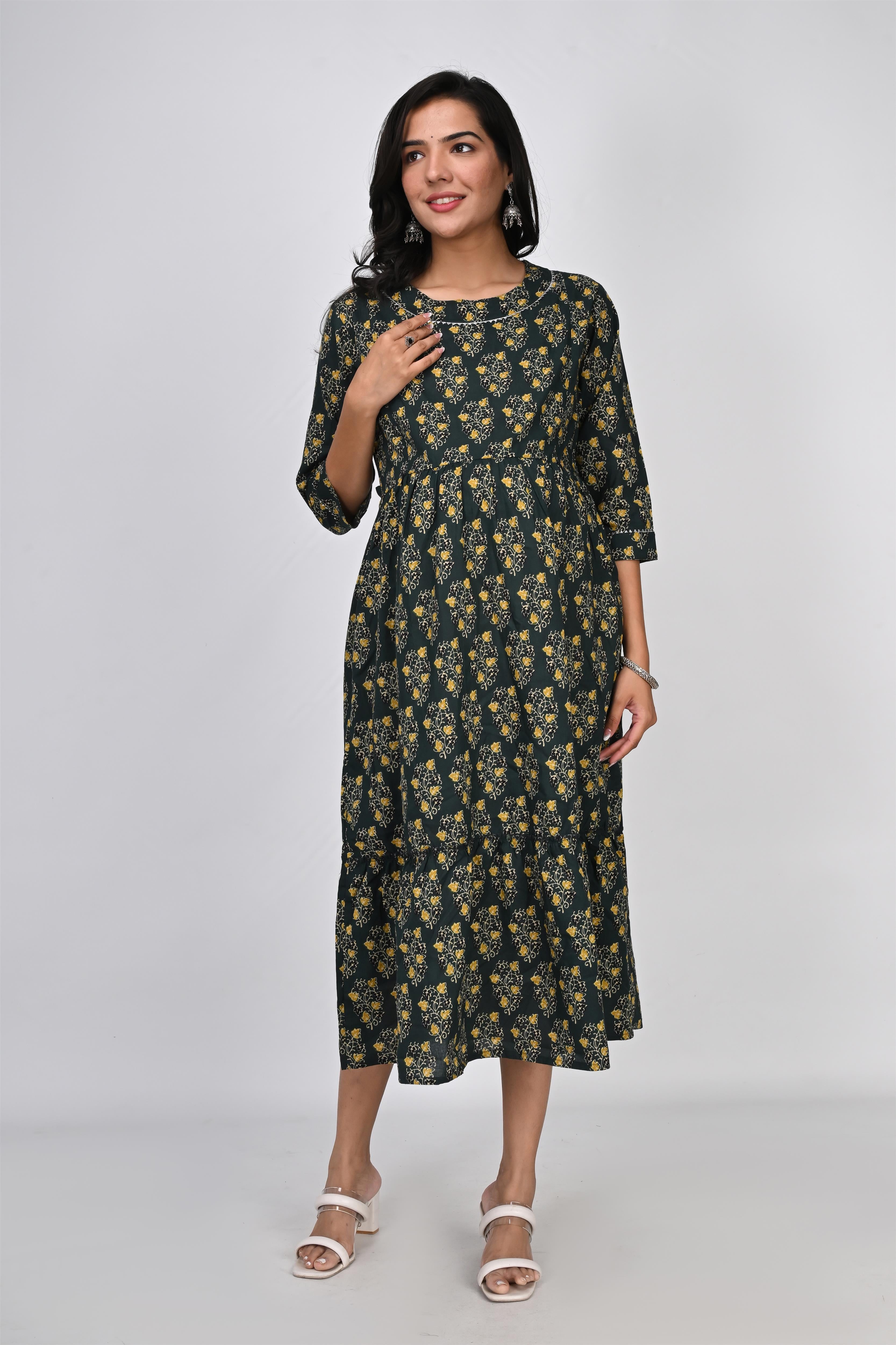 Ofably Flower Printed with Lace Cotton Maternity Feeding Dress -Dark Green (OFMK146)