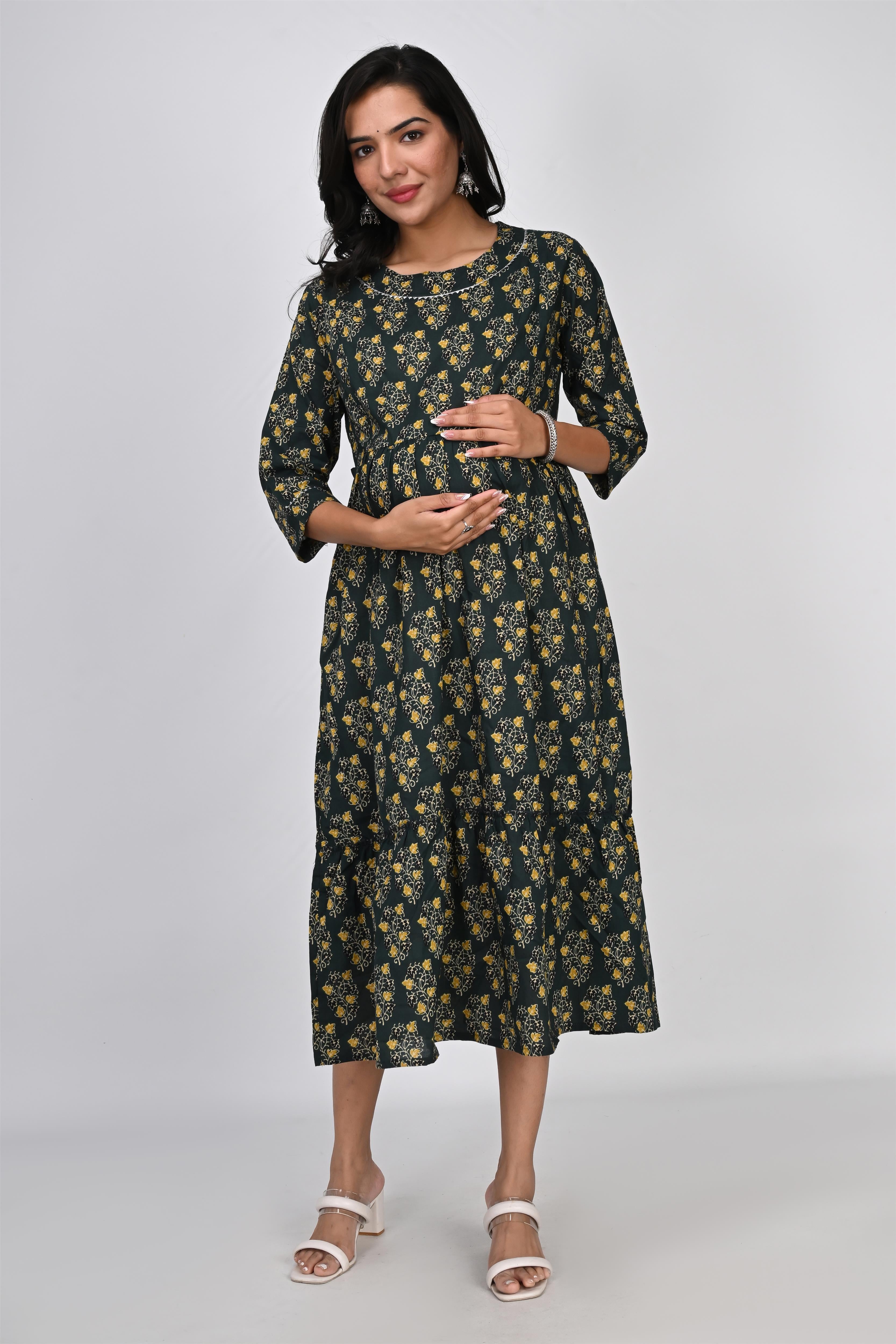 Ofably Flower Printed with Lace Cotton Maternity Feeding Dress -Dark Green (OFMK146)