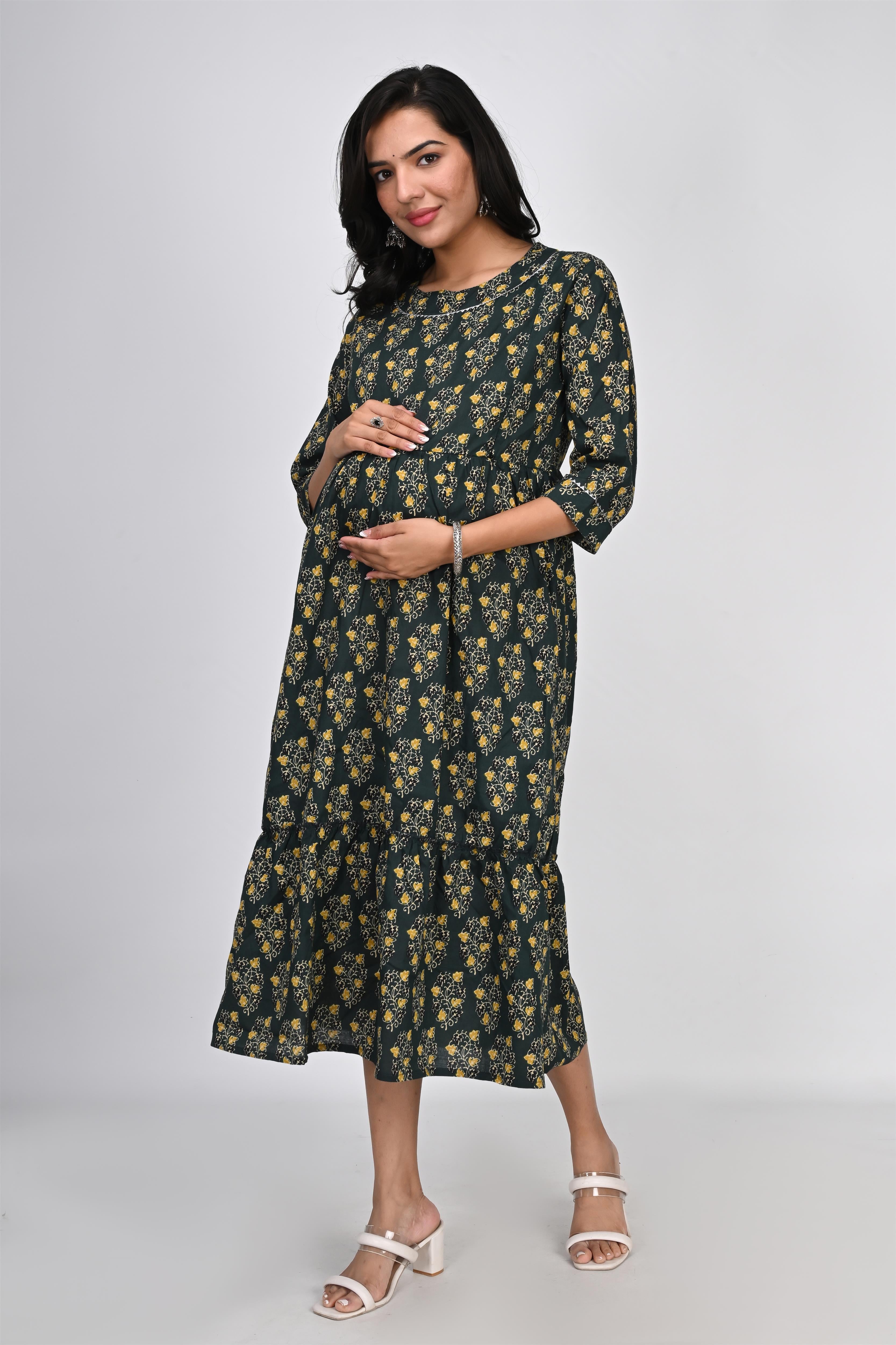 Ofably Flower Printed with Lace Cotton Maternity Feeding Dress -Dark Green (OFMK146)