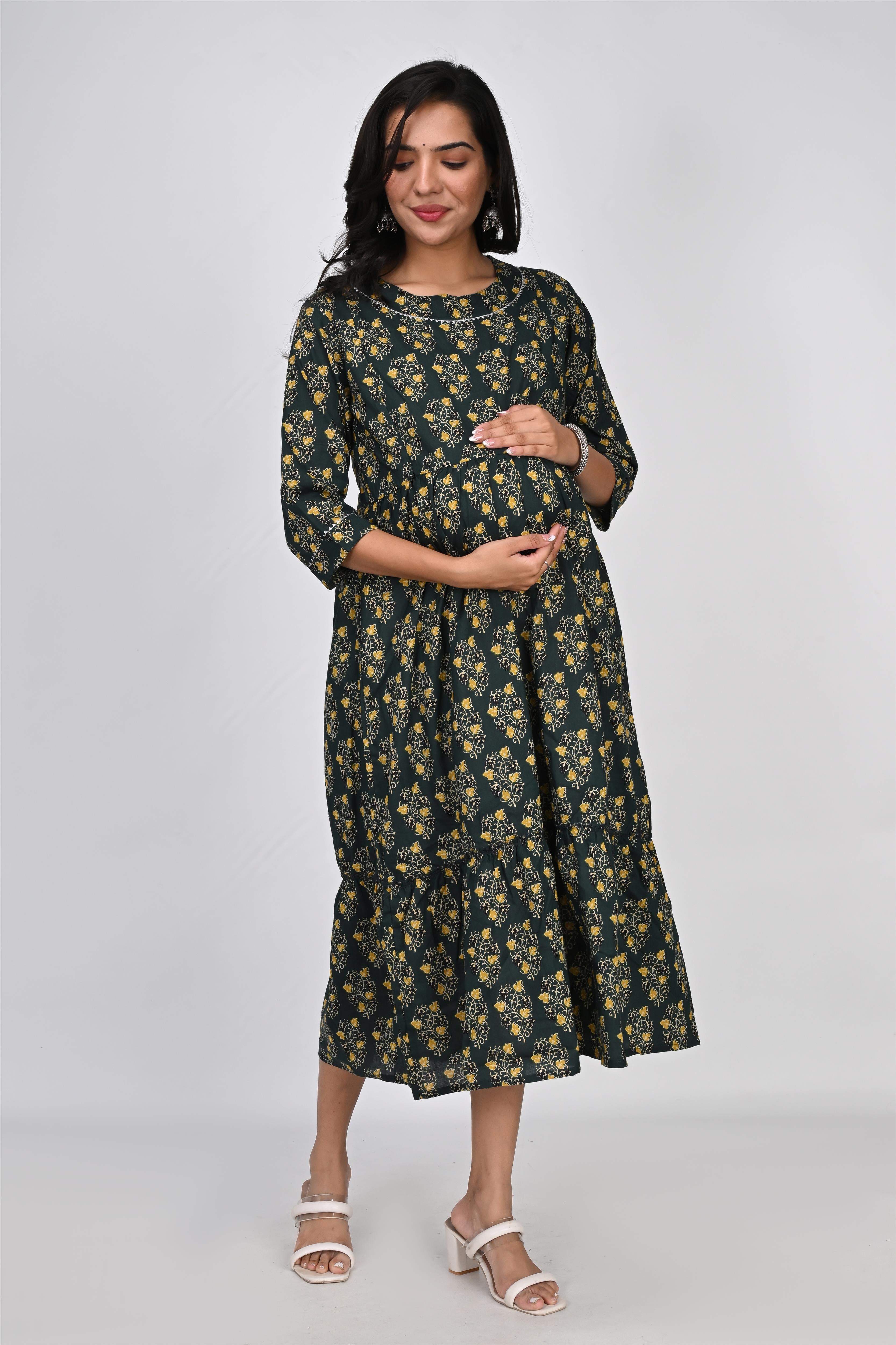 Ofably Flower Printed with Lace Cotton Maternity Feeding Dress -Dark Green (OFMK146)