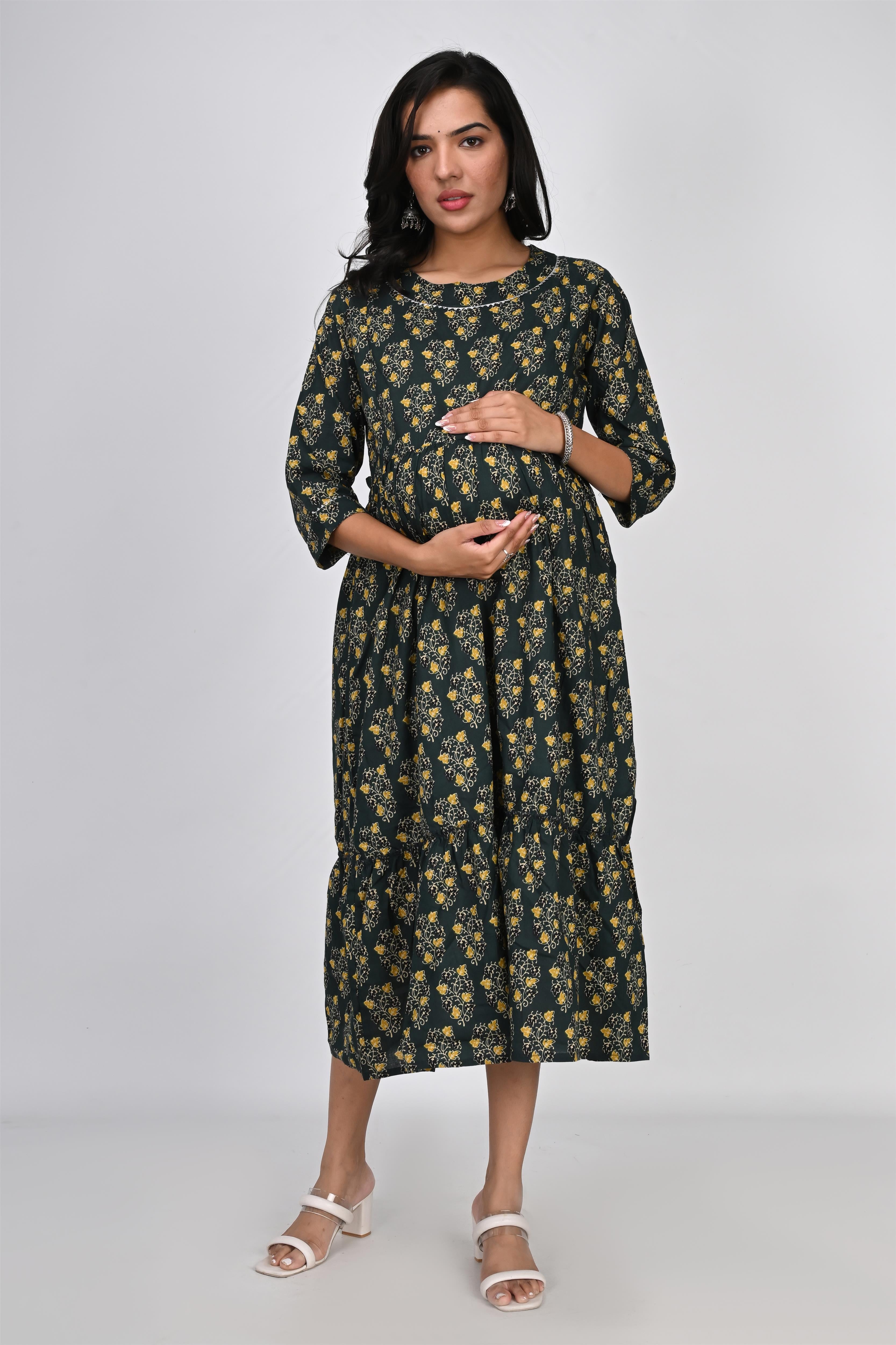 Ofably Flower Printed with Lace Cotton Maternity Feeding Dress -Dark Green (OFMK146)