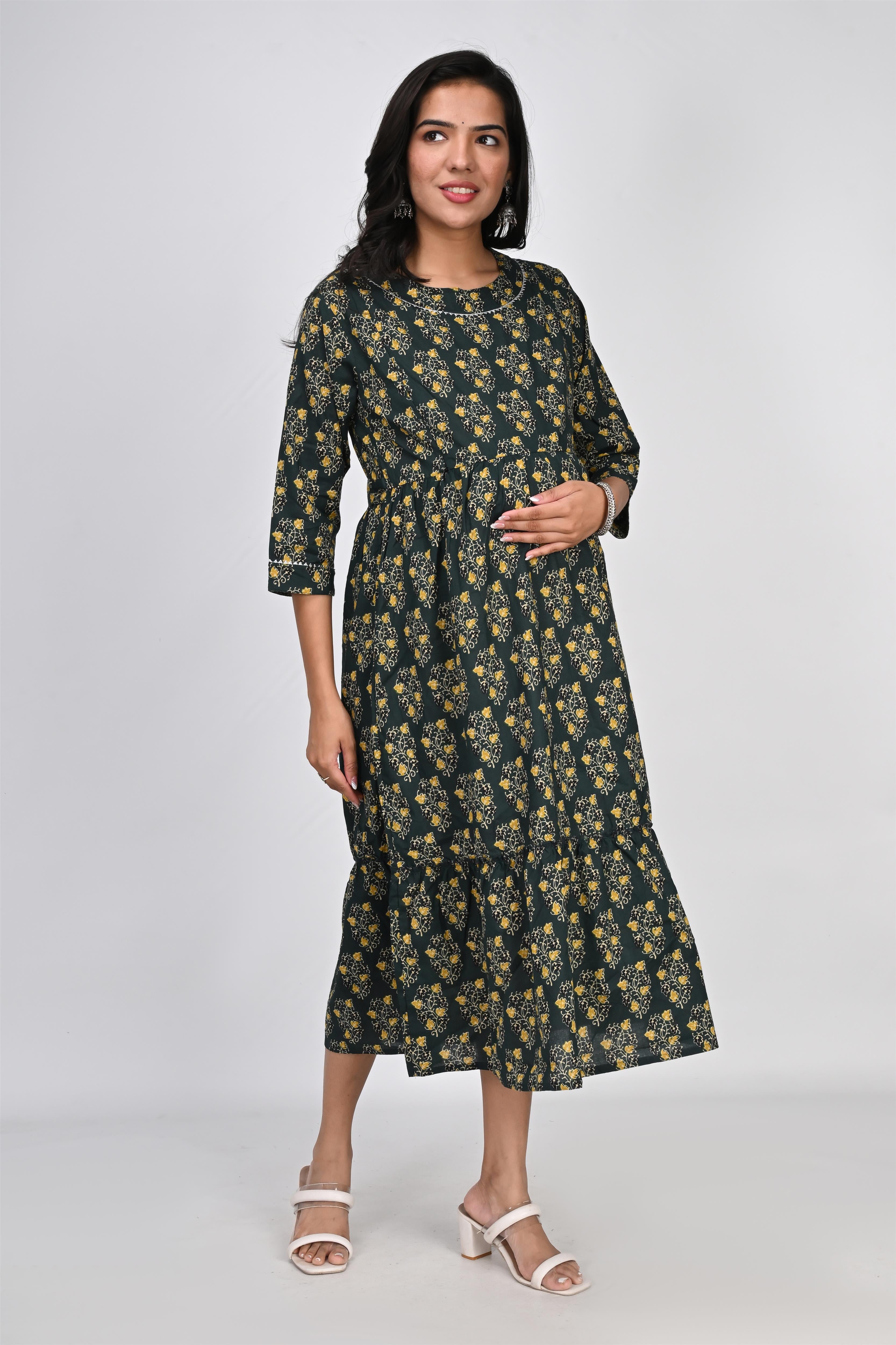 Ofably Flower Printed with Lace Cotton Maternity Feeding Dress -Dark Green (OFMK146)