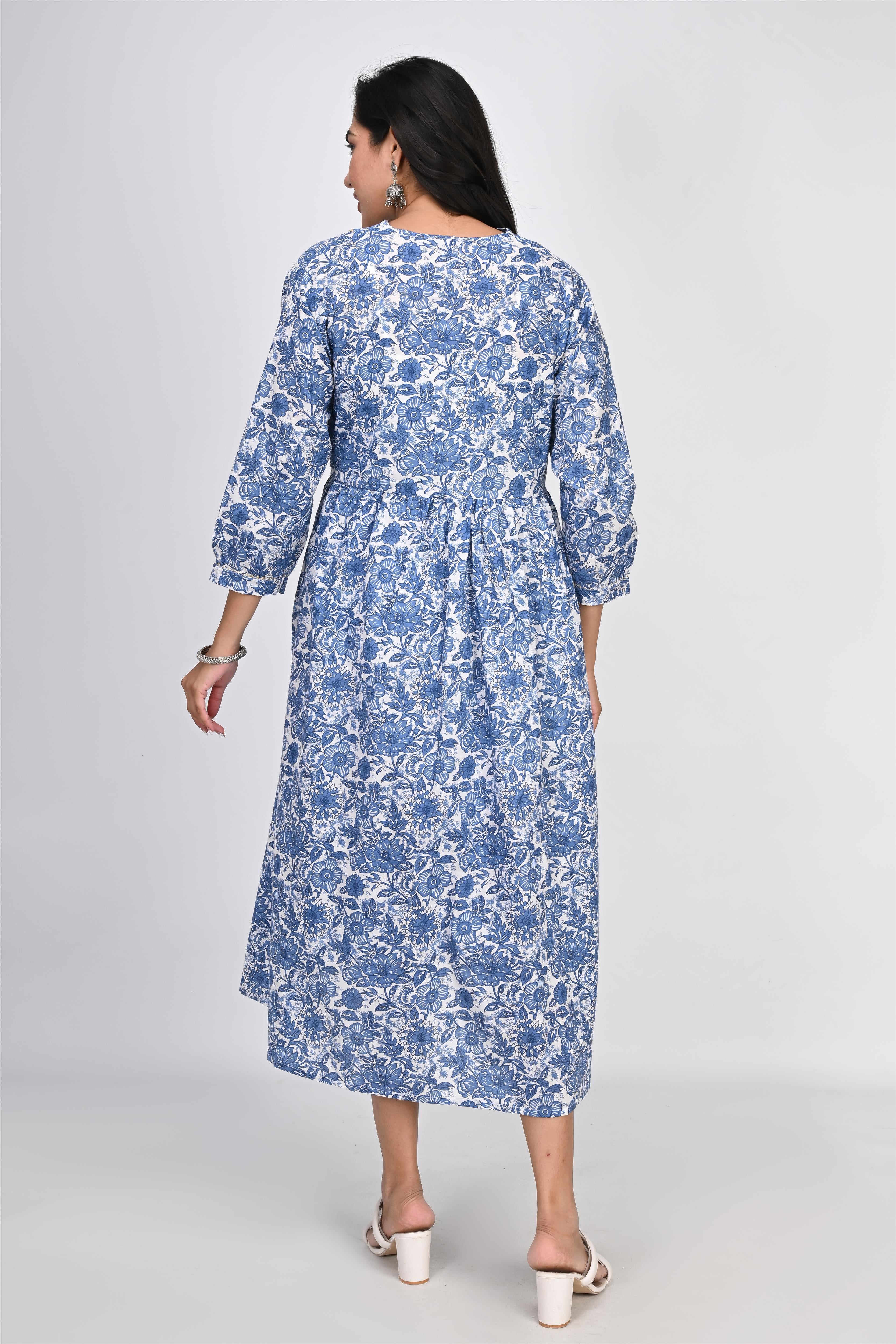 Ofably Blue Flower Printed Cotton Maternity Feeding Dress - White (OFMK137)