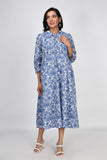 Ofably Blue Flower Printed Cotton Maternity Feeding Dress - White (OFMK137)