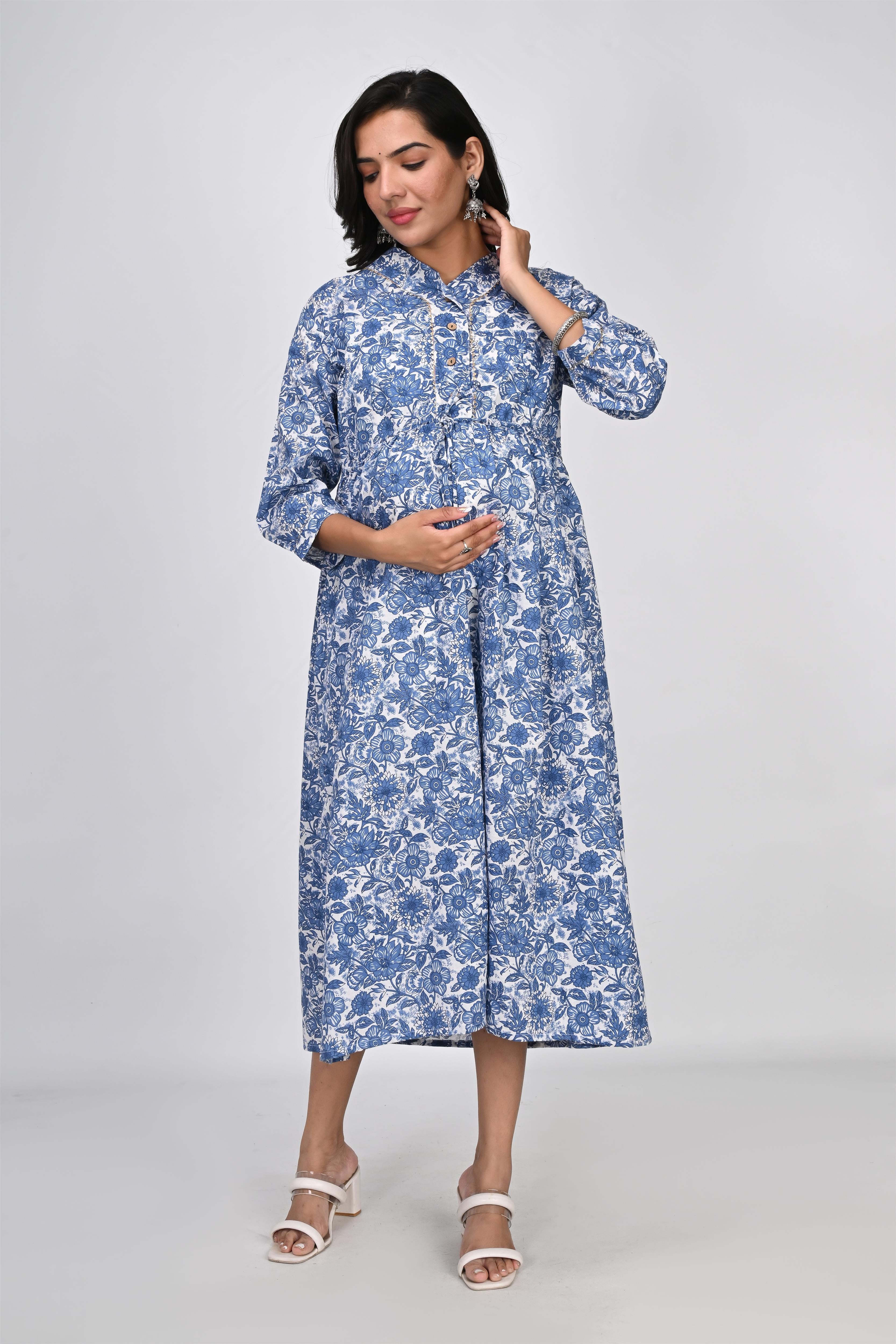 Ofably Blue Flower Printed Cotton Maternity Feeding Dress - White (OFMK137)