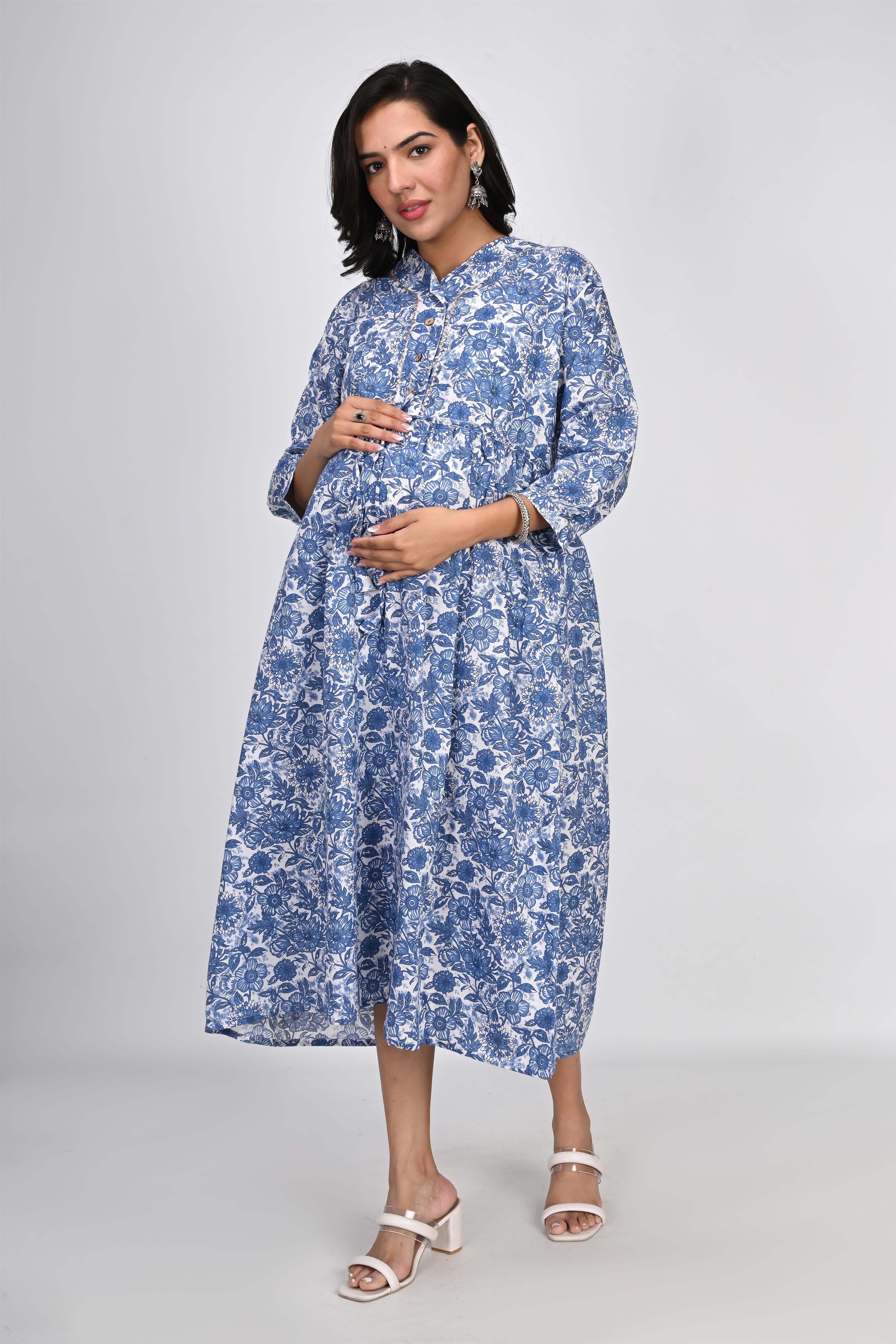 Ofably Blue Flower Printed Cotton Maternity Feeding Dress - White (OFMK137)