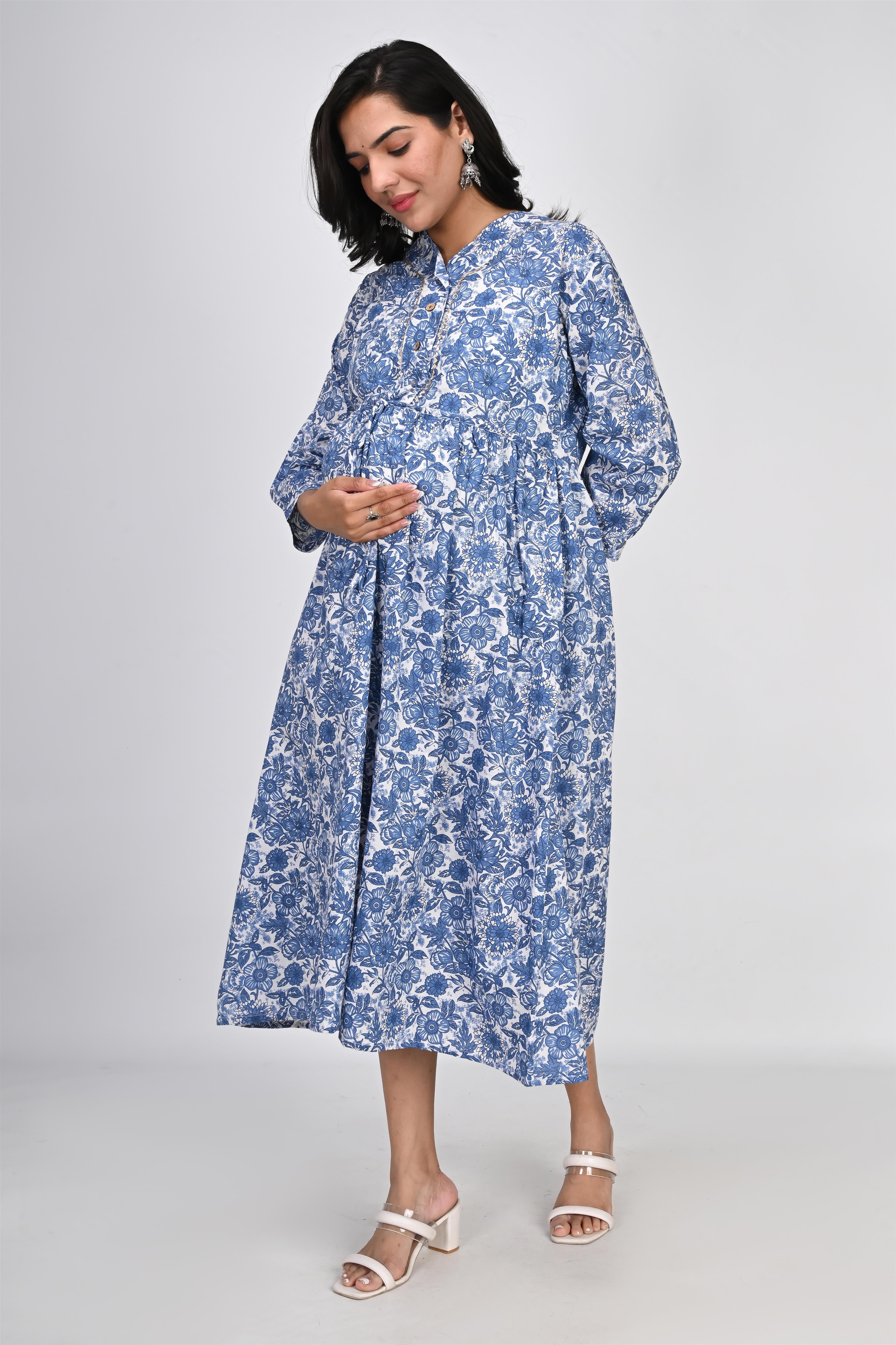 Ofably Blue Flower Printed Cotton Maternity Feeding Dress - White (OFMK137)