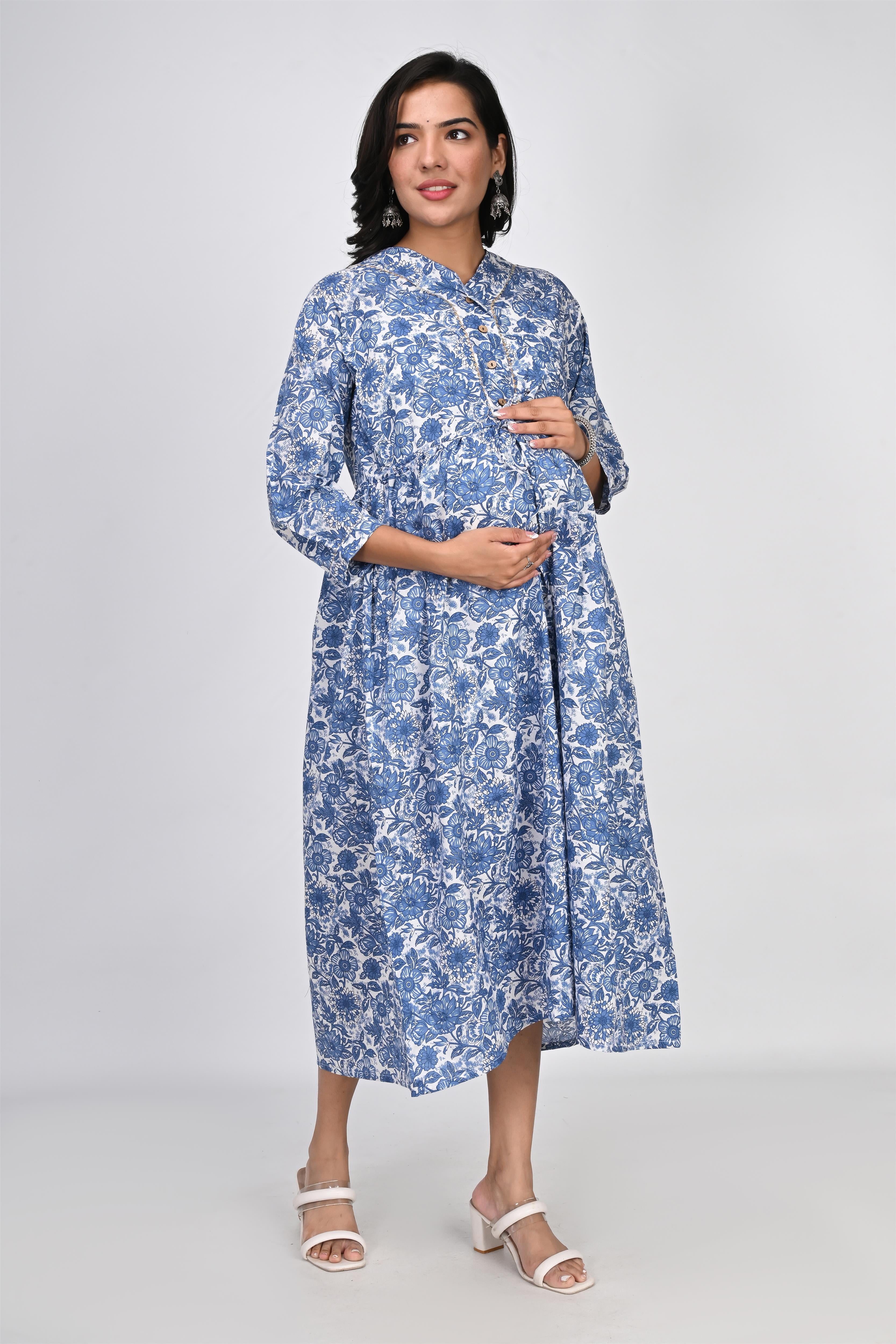 Ofably Blue Flower Printed Cotton Maternity Feeding Dress - White (OFMK137)