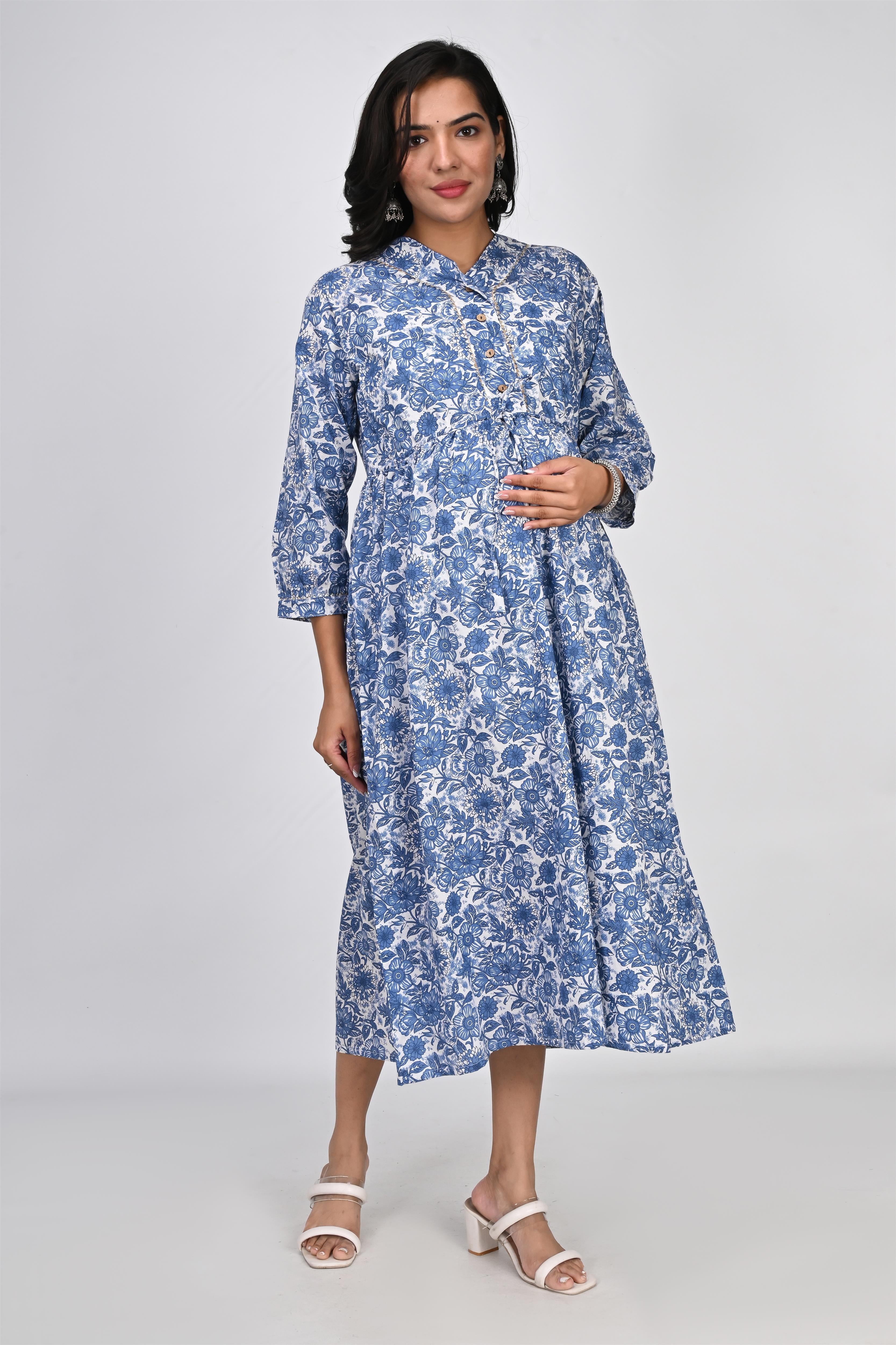 Ofably Blue Flower Printed Cotton Maternity Feeding Dress - White (OFMK137)