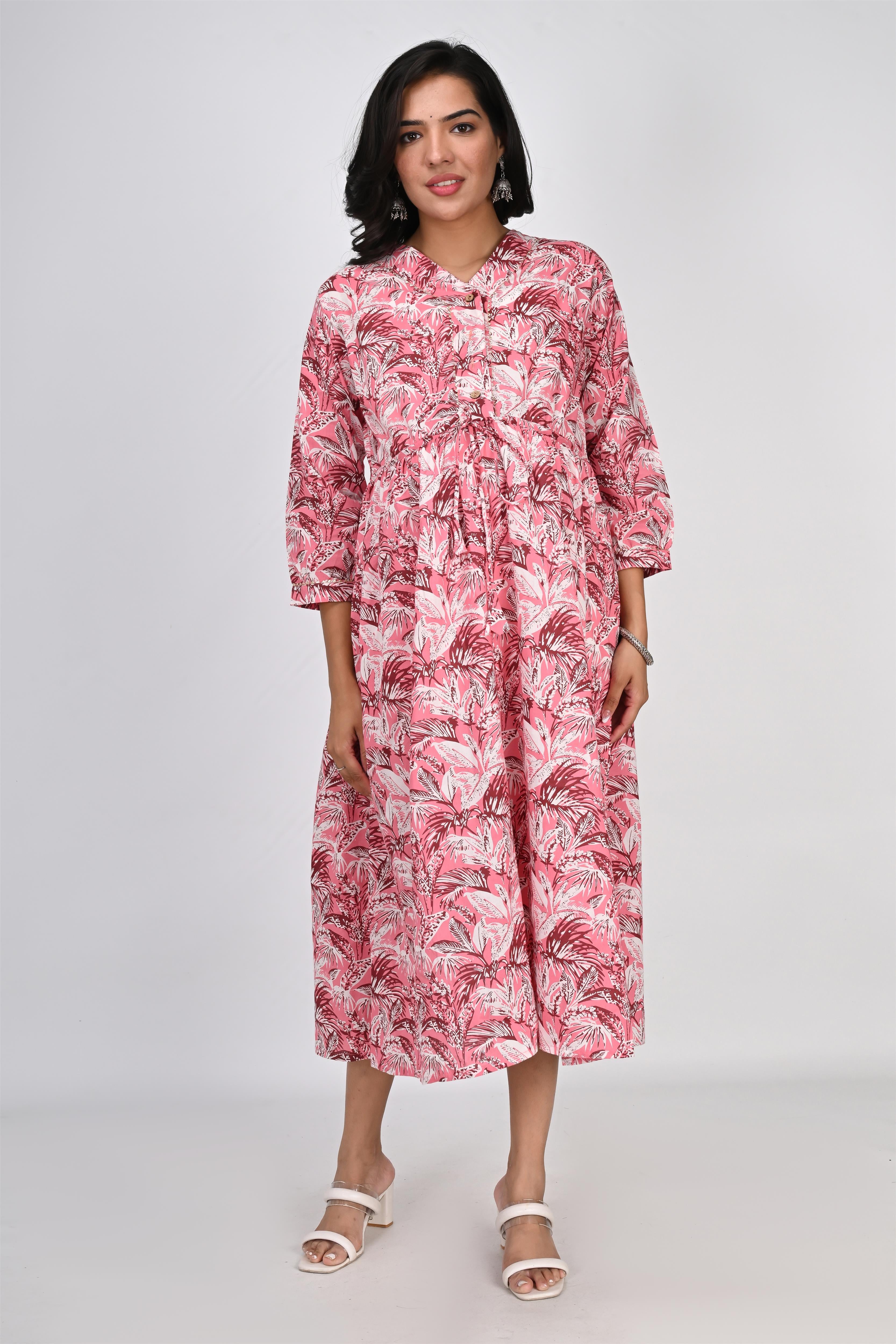 Ofably White & Brown Flower Printed Cotton Maternity Feeding Dress - Coral Pink (OFMK138)