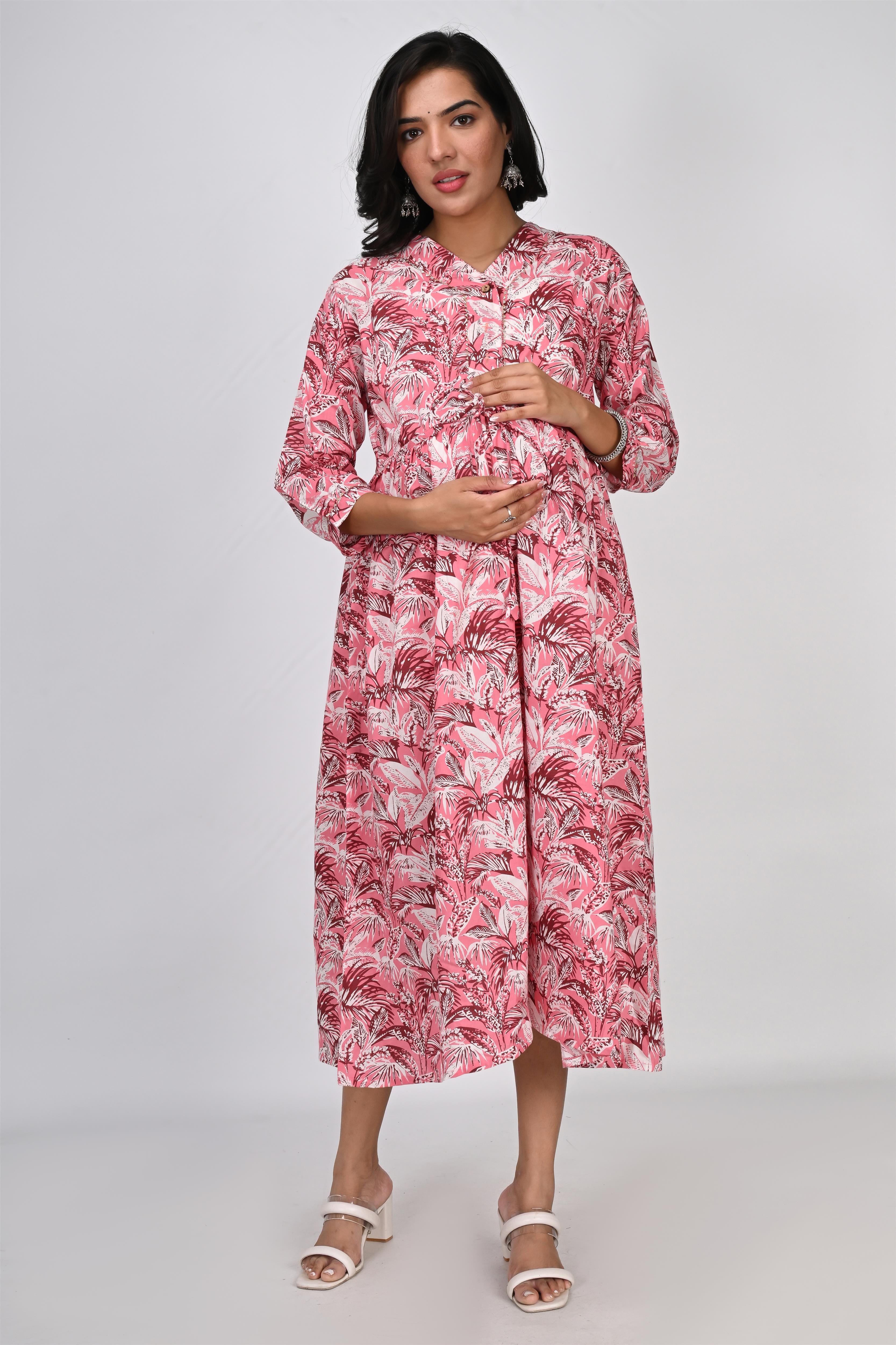 Ofably White & Brown Flower Printed Cotton Maternity Feeding Dress - Coral Pink (OFMK138)