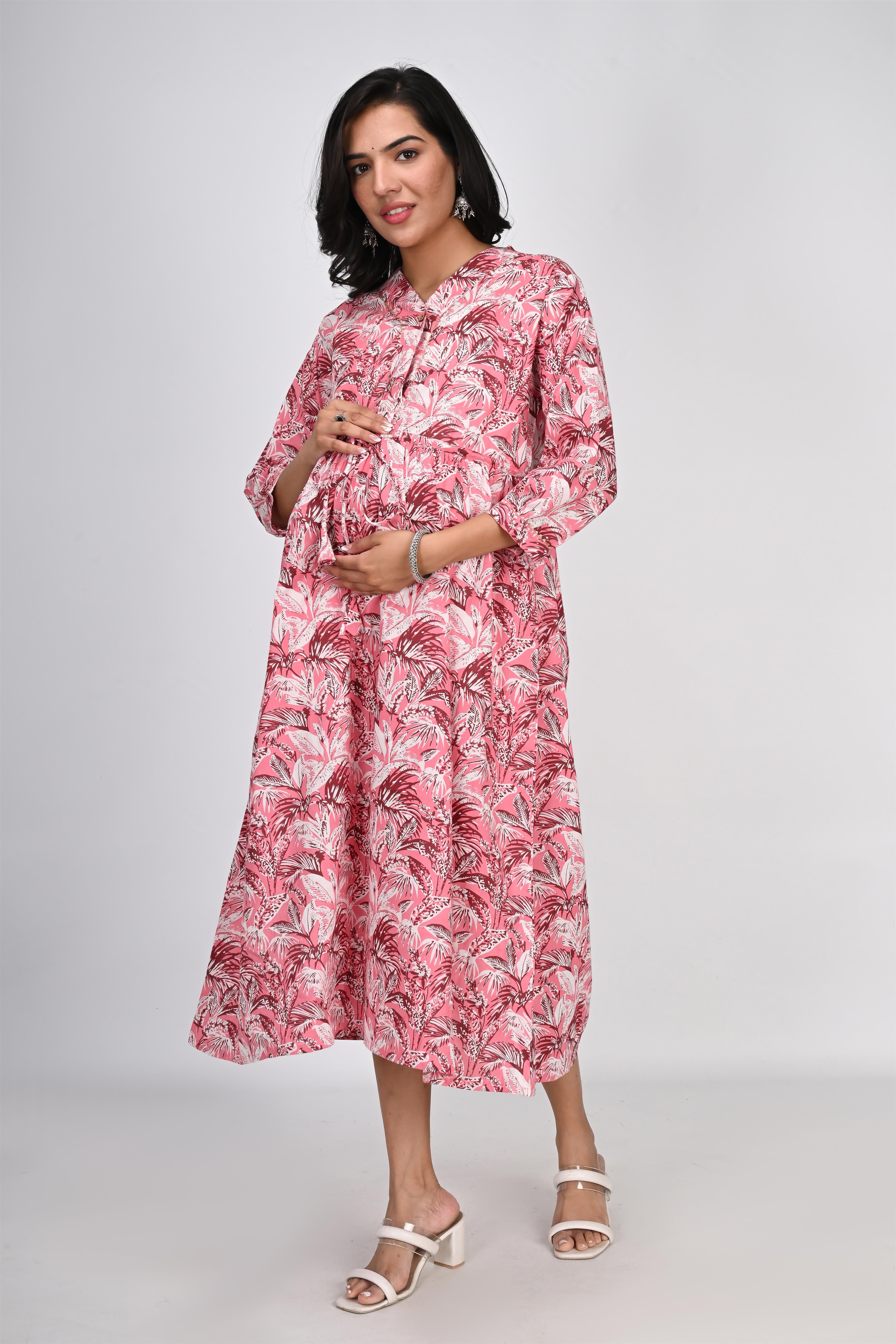 Ofably White & Brown Flower Printed Cotton Maternity Feeding Dress - Coral Pink (OFMK138)