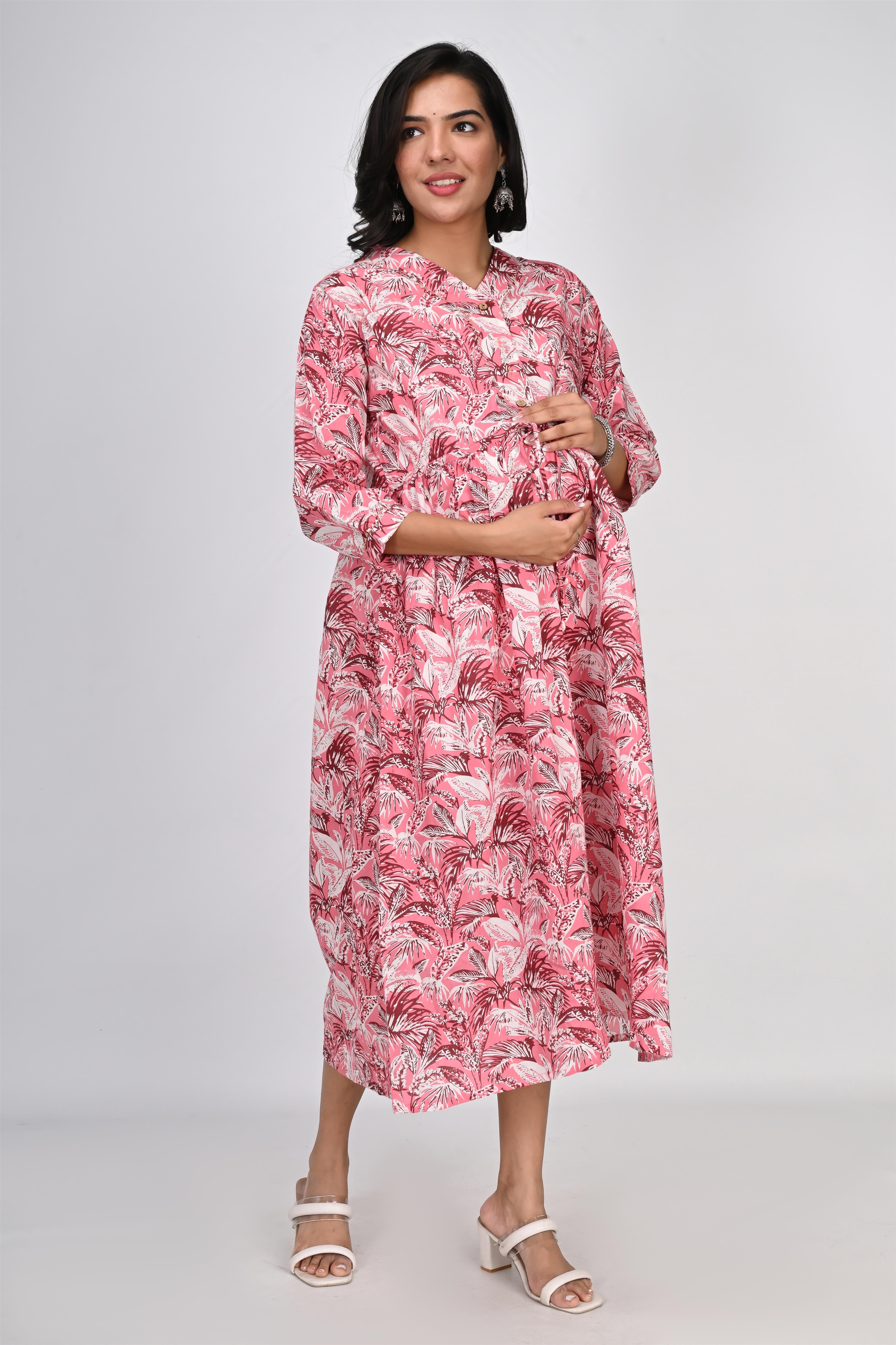 Ofably White & Brown Flower Printed Cotton Maternity Feeding Dress - Coral Pink (OFMK138)