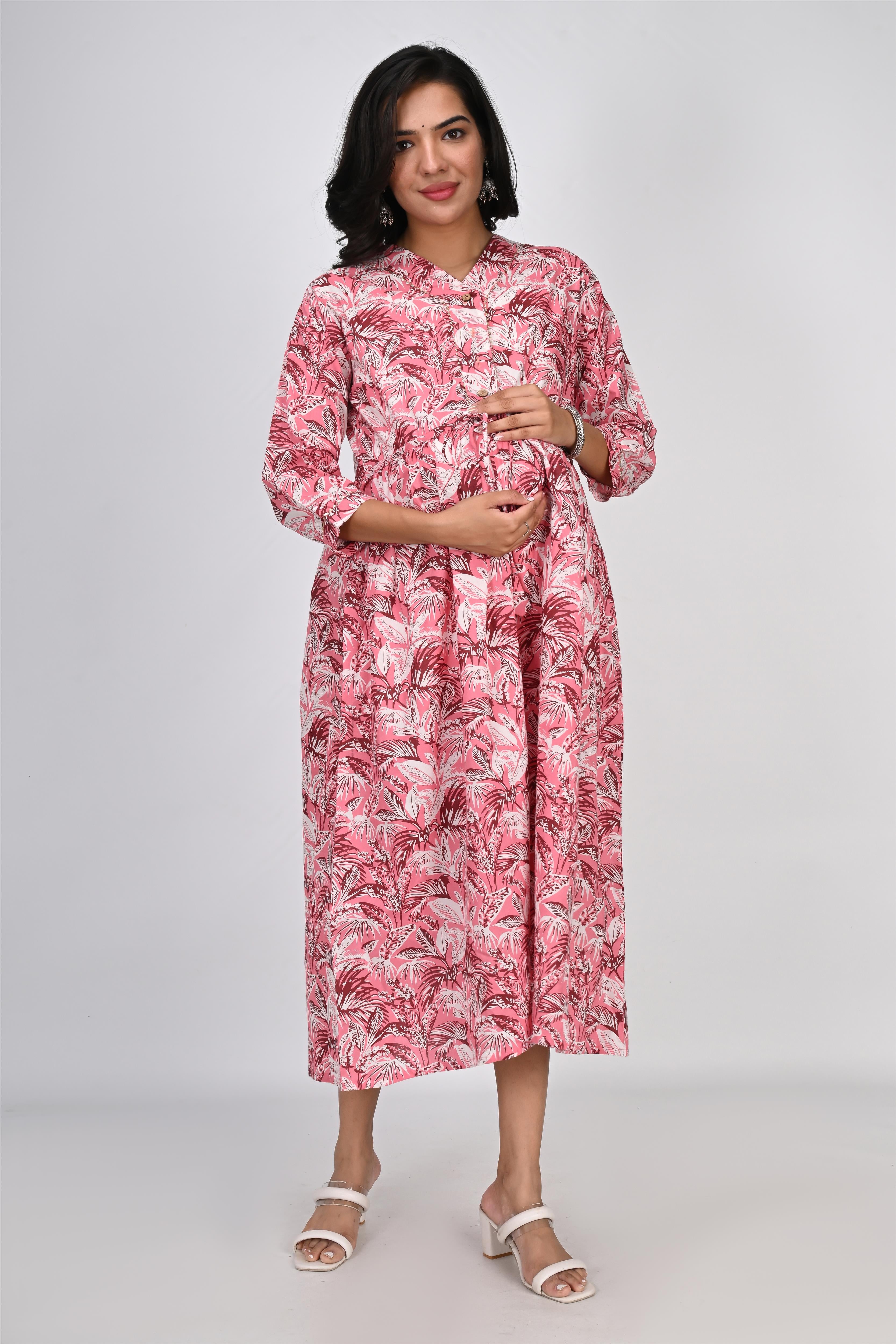 Ofably White & Brown Flower Printed Cotton Maternity Feeding Dress - Coral Pink (OFMK138)