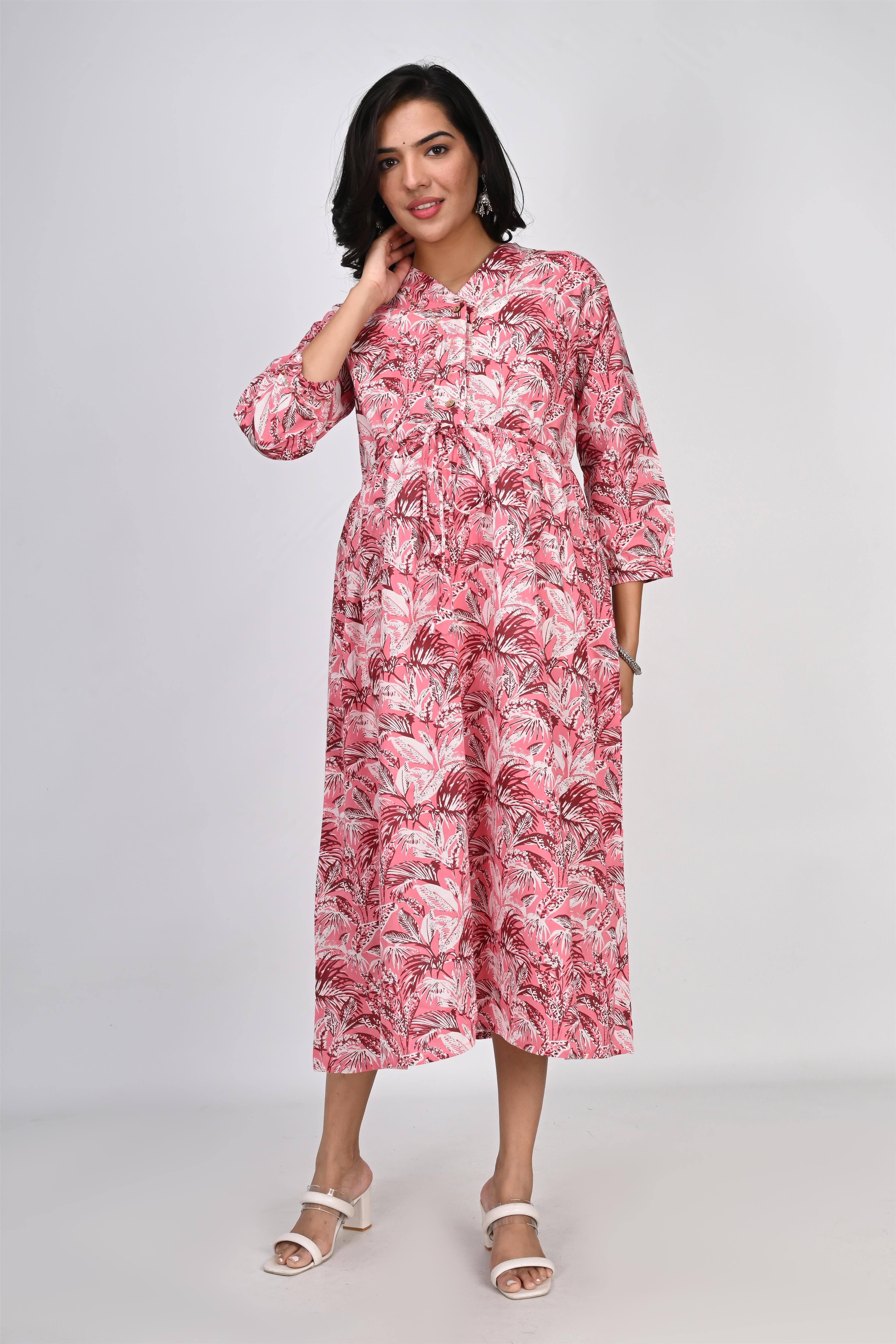 Ofably White & Brown Flower Printed Cotton Maternity Feeding Dress - Coral Pink (OFMK138)