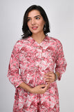 Ofably White & Brown Flower Printed Cotton Maternity Feeding Dress - Coral Pink (OFMK138)