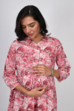 Ofably White & Brown Flower Printed Cotton Maternity Feeding Dress - Coral Pink (OFMK138)