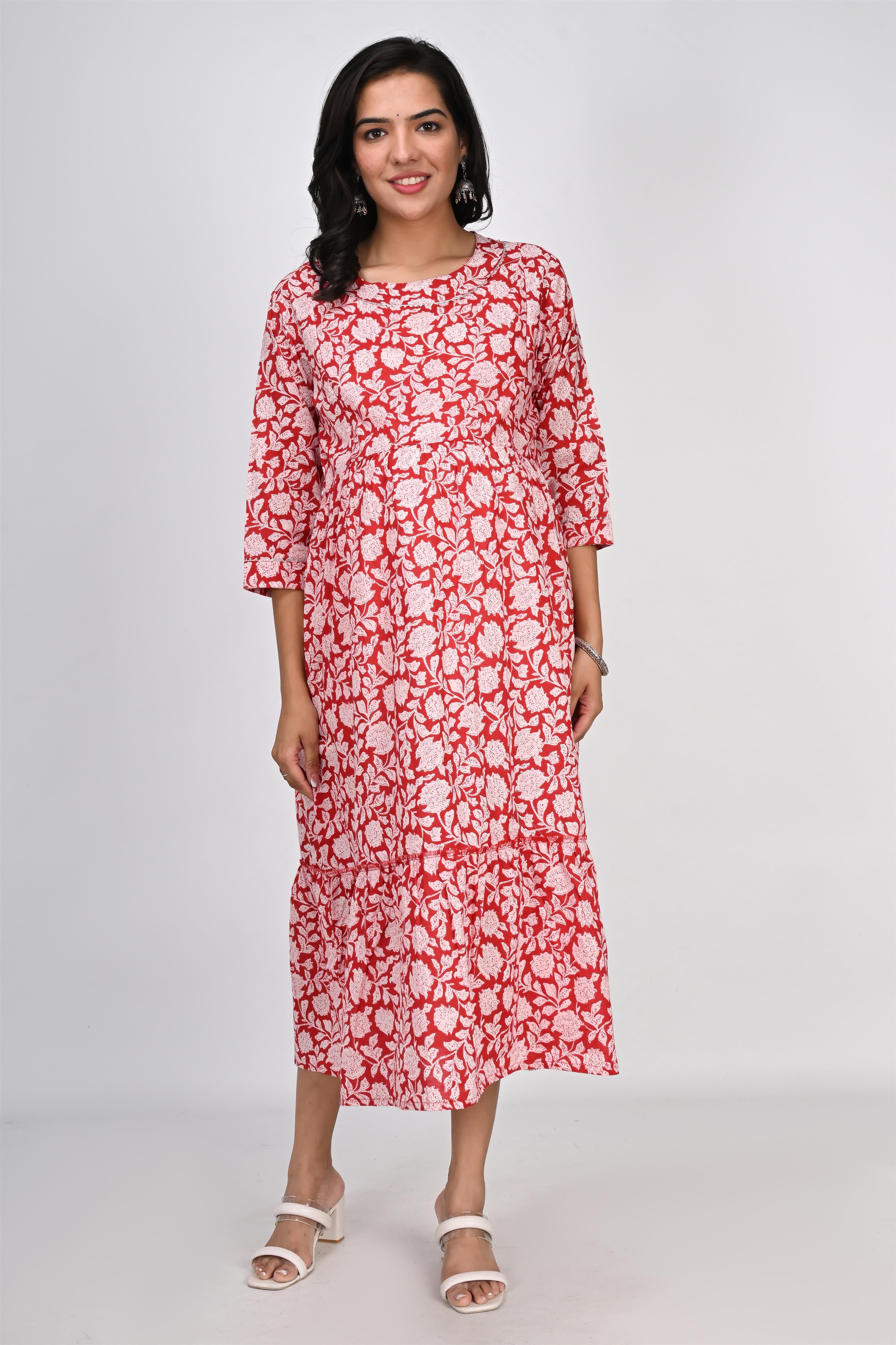 Ofably White Floral Print With Lace Maternity Chain Feeding Kurti - Red (OFMK139)