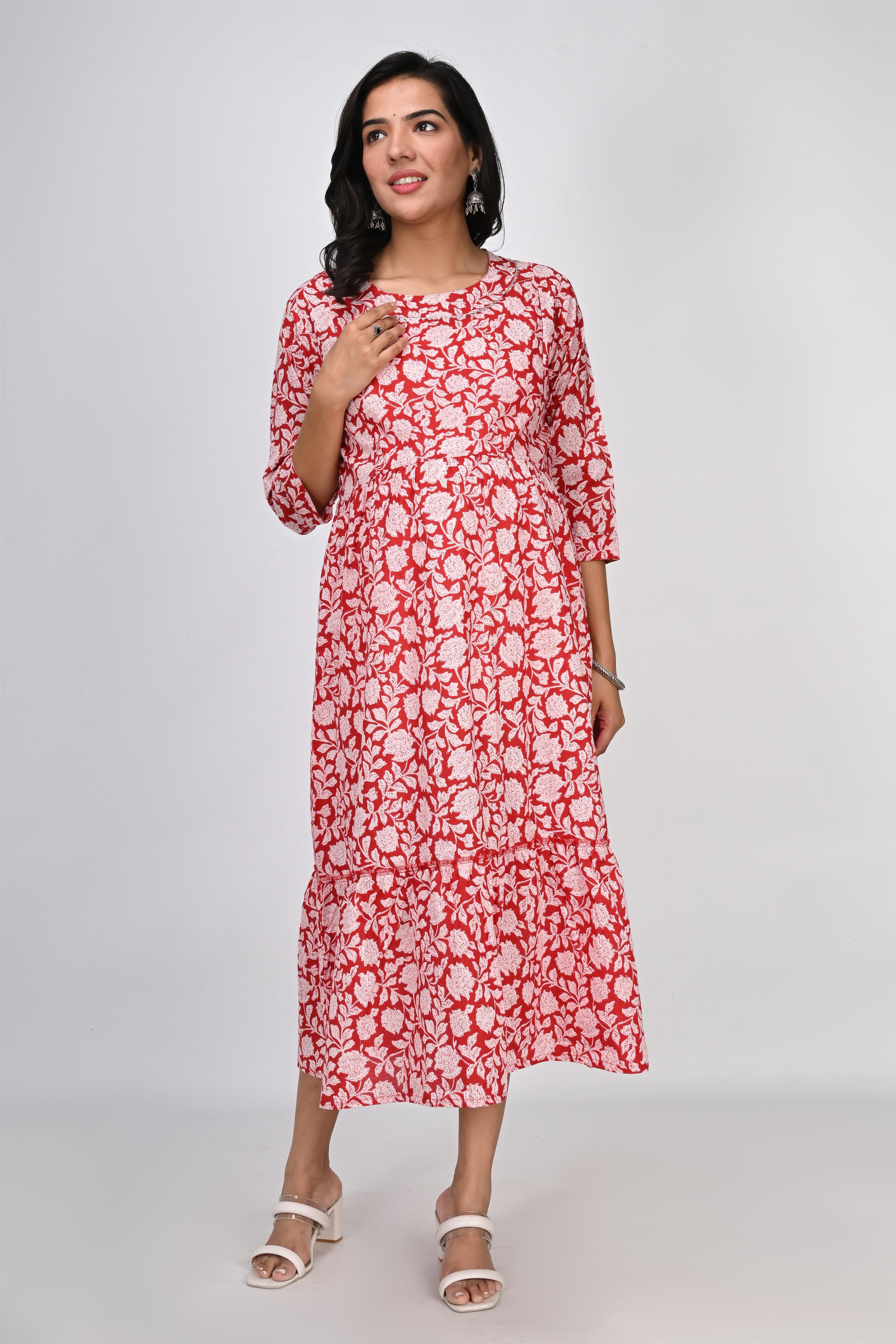 Ofably White Floral Print With Lace Maternity Chain Feeding Kurti - Red (OFMK139)