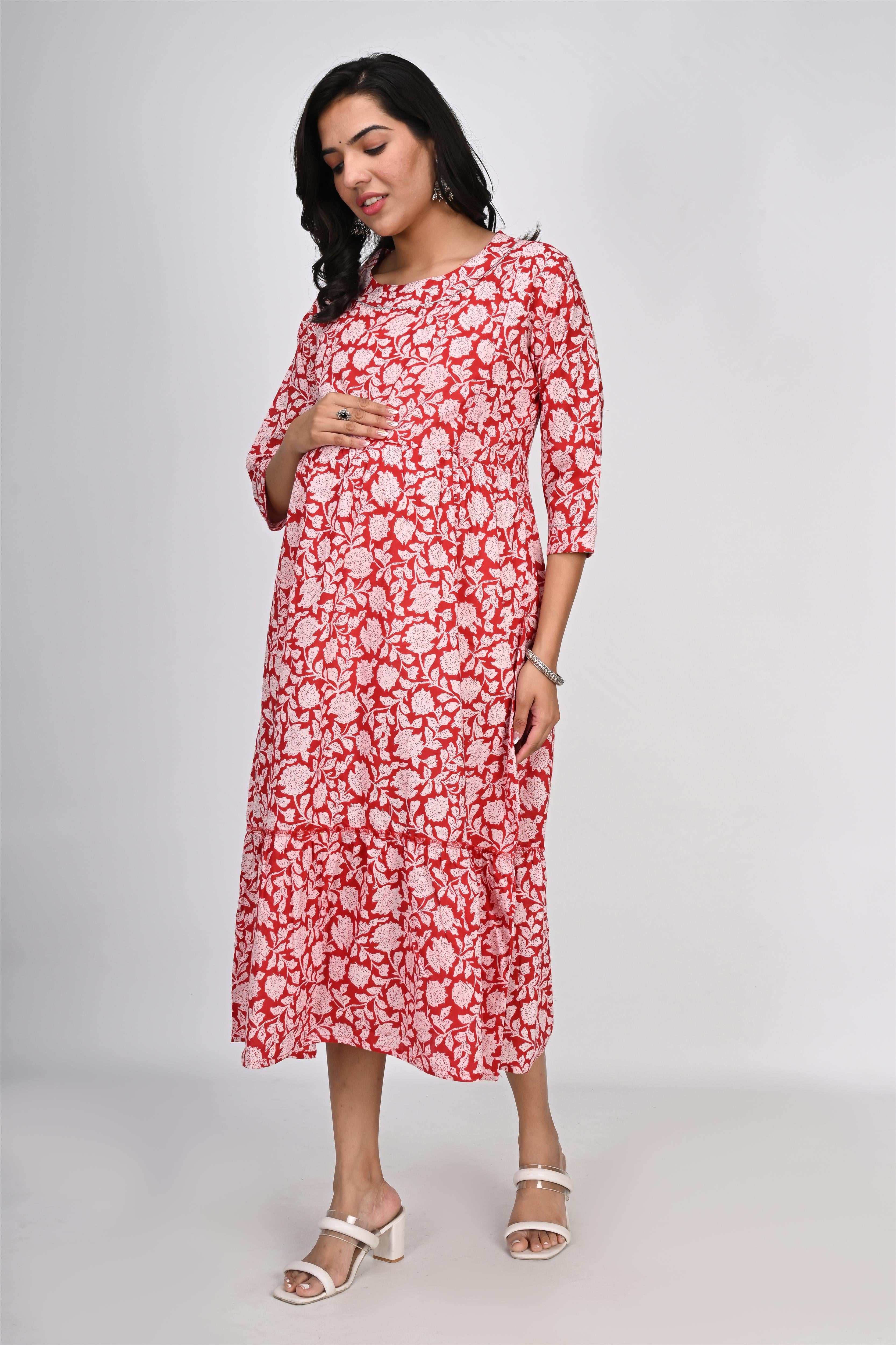 Ofably White Floral Print With Lace Maternity Chain Feeding Kurti - Red (OFMK139)