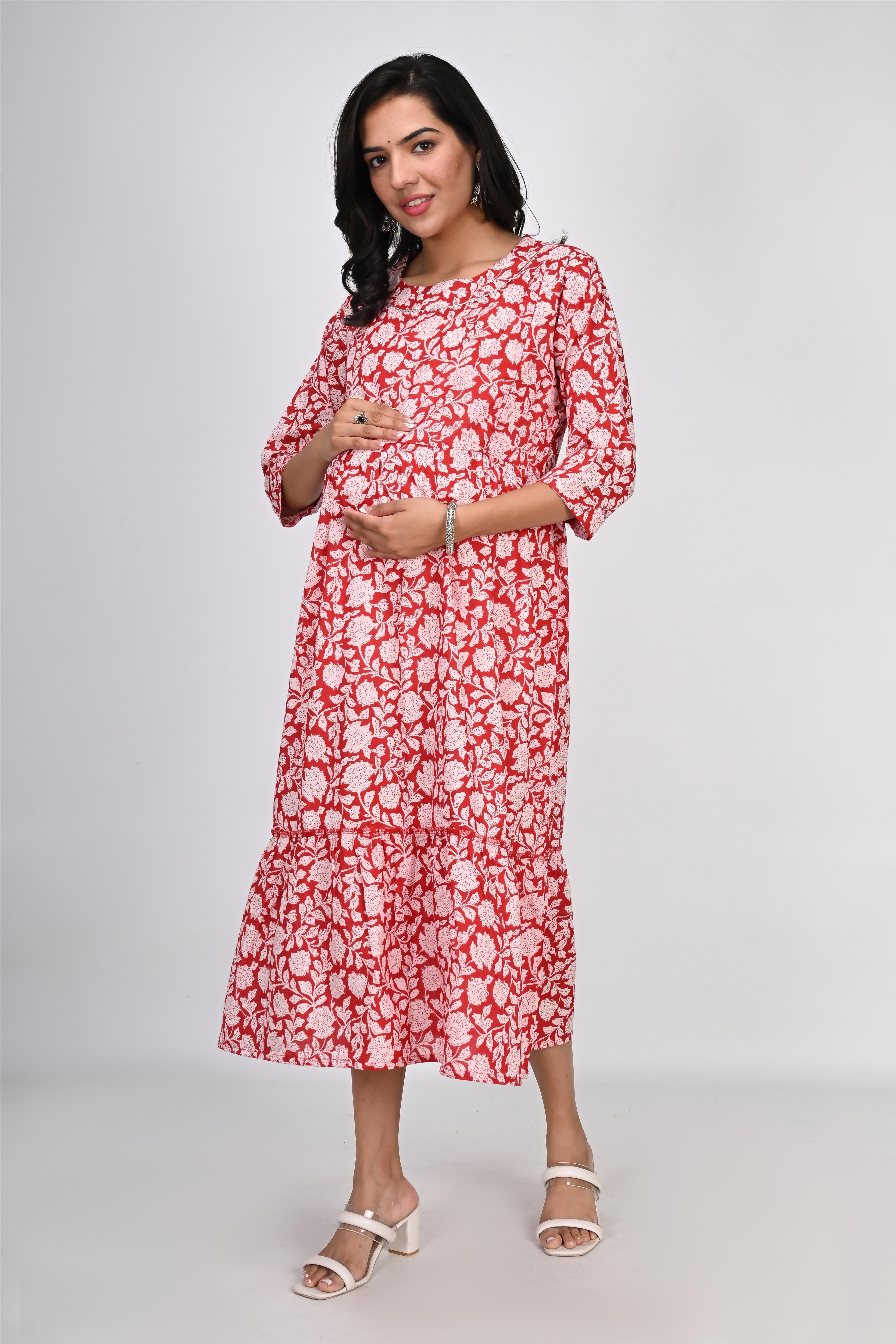 Ofably White Floral Print With Lace Maternity Chain Feeding Kurti - Red (OFMK139)