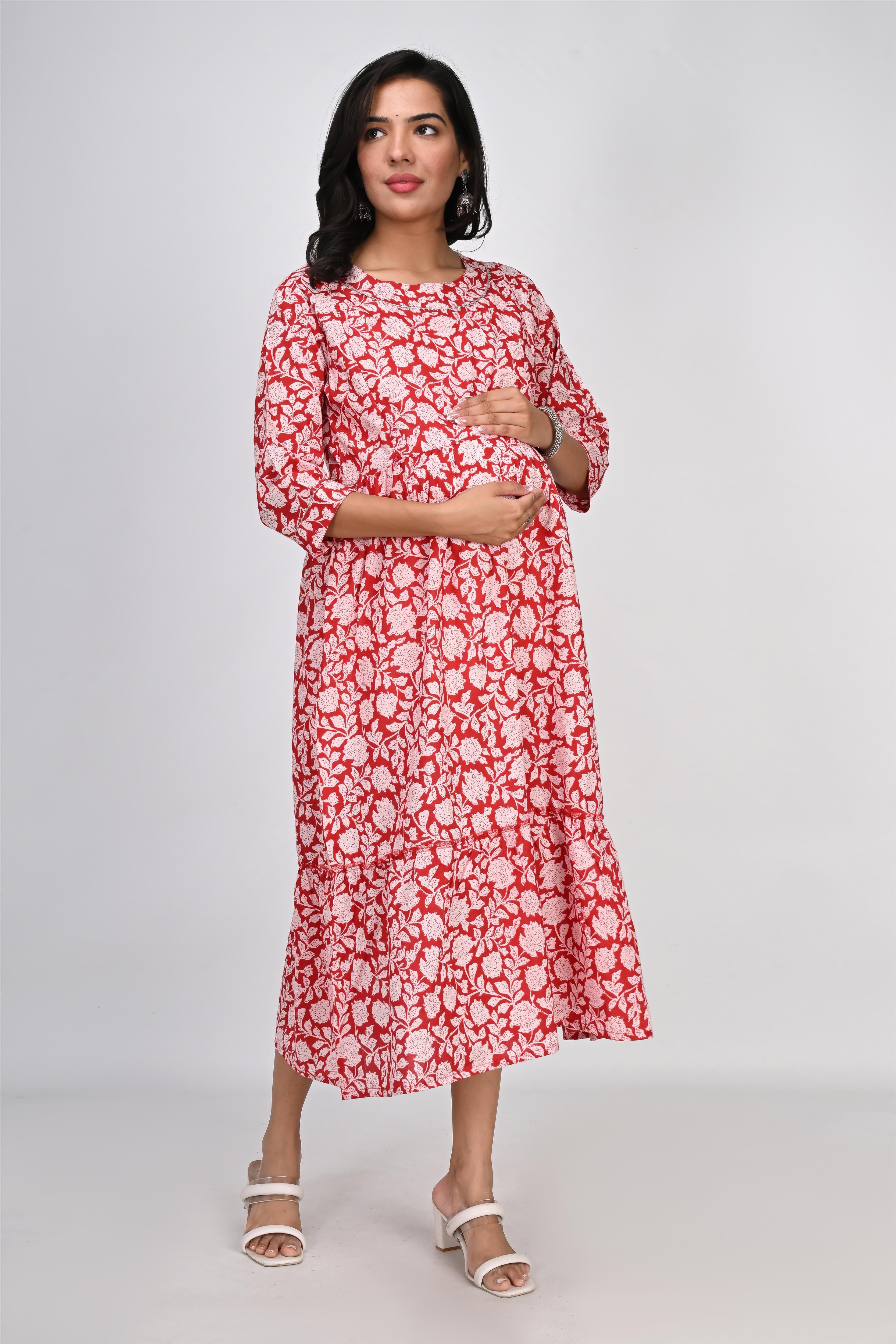 Ofably White Floral Print With Lace Maternity Chain Feeding Kurti - Red (OFMK139)