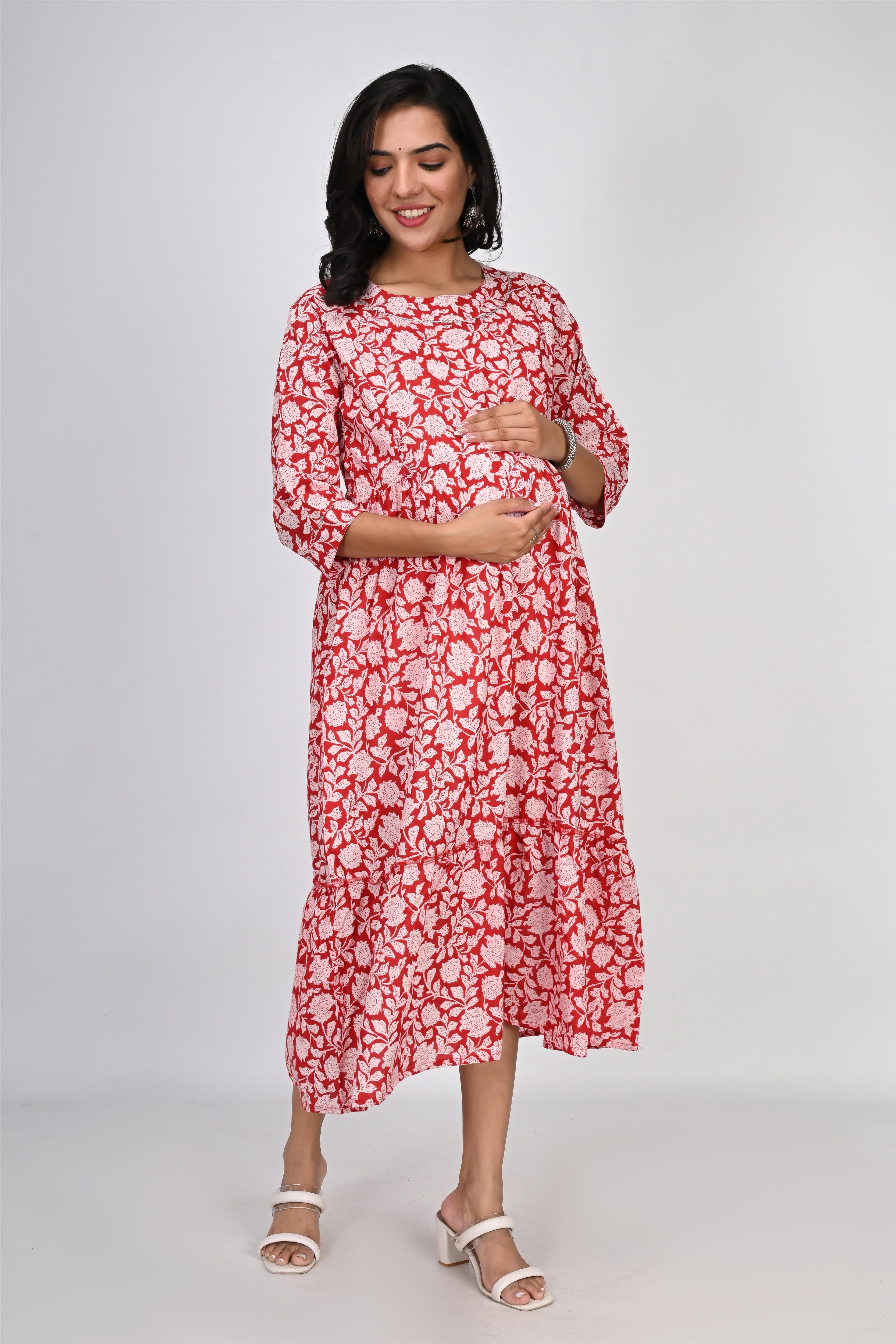 Ofably White Floral Print With Lace Maternity Chain Feeding Kurti - Red (OFMK139)