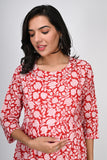 Ofably White Floral Print With Lace Maternity Chain Feeding Kurti - Red (OFMK139)