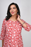 Ofably White Floral Print With Lace Maternity Chain Feeding Kurti - Red (OFMK139)