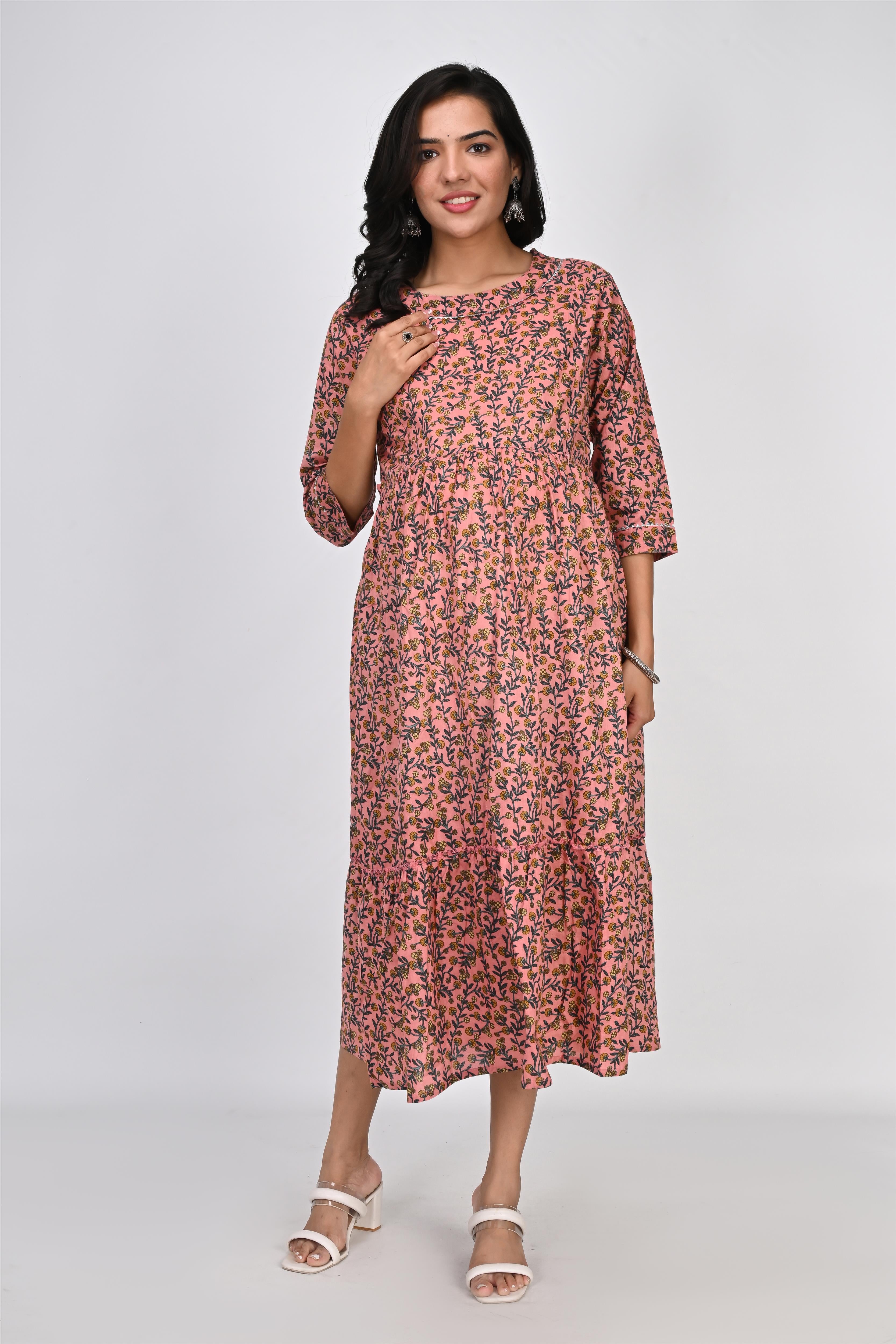 Ofably Yellow Floral Print With Lace Maternity Chain Feeding Kurti - Peach (OFMK140)