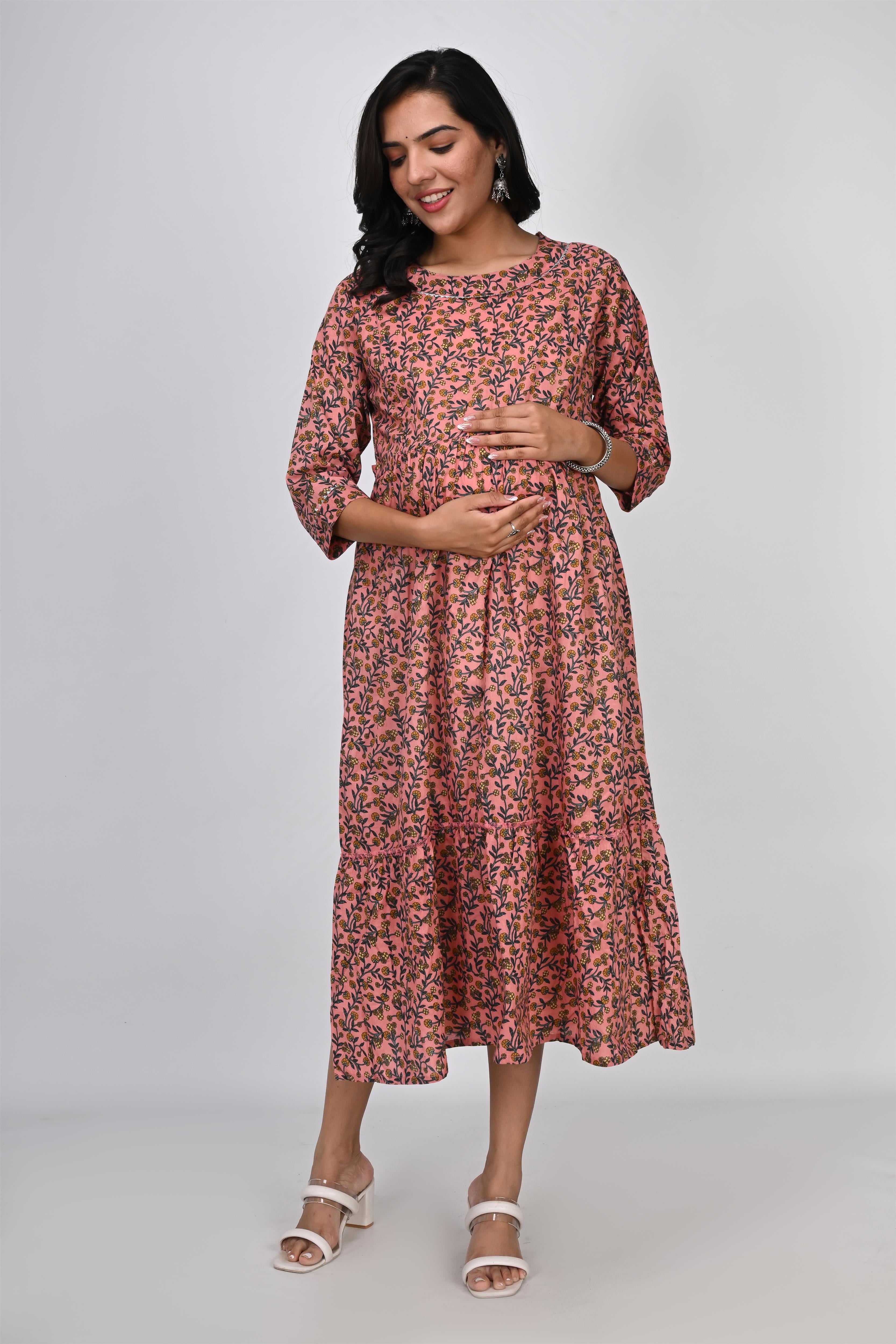 Ofably Yellow Floral Print With Lace Maternity Chain Feeding Kurti - Peach (OFMK140)