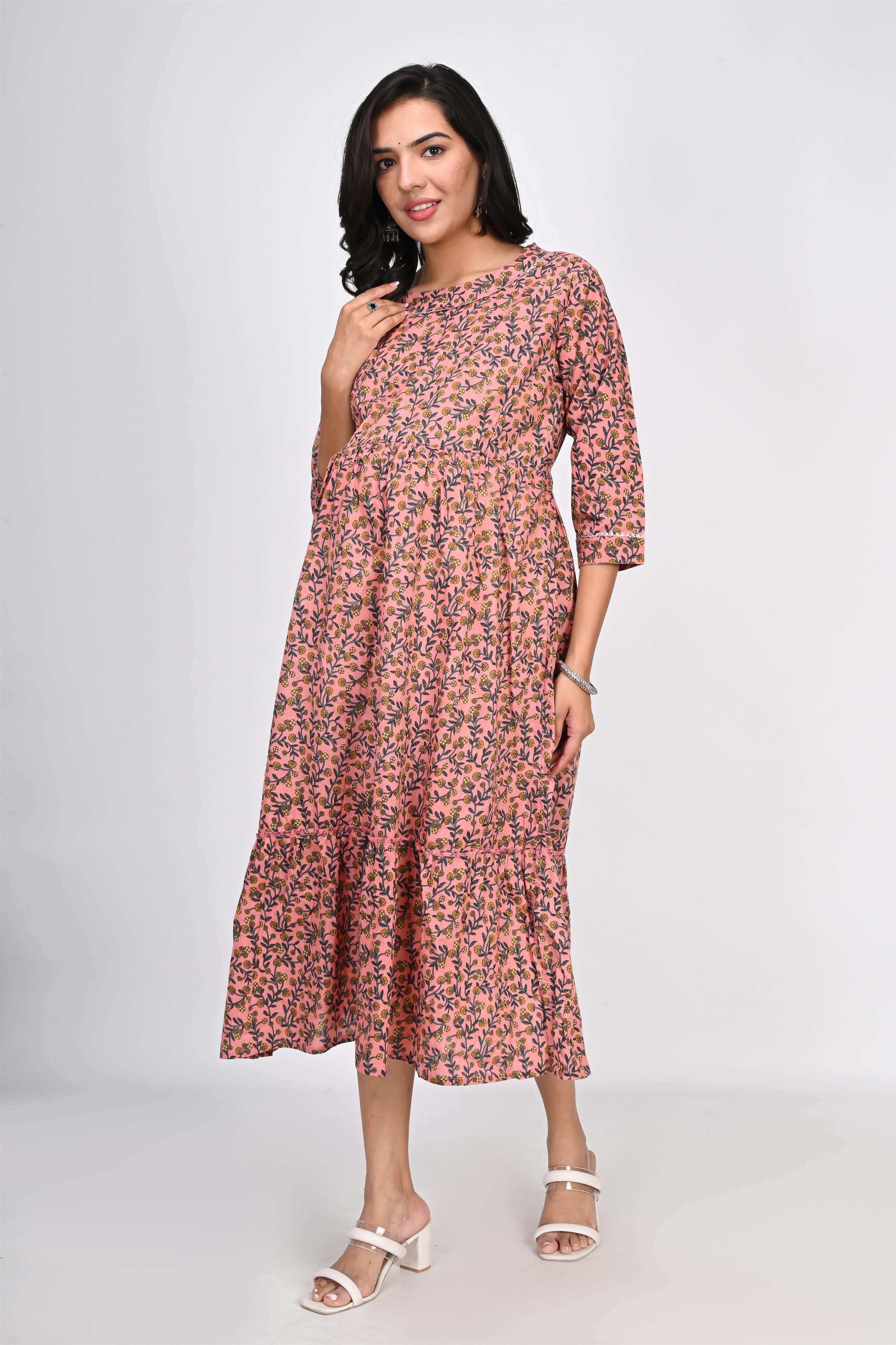 Ofably Yellow Floral Print With Lace Maternity Chain Feeding Kurti - Peach (OFMK140)