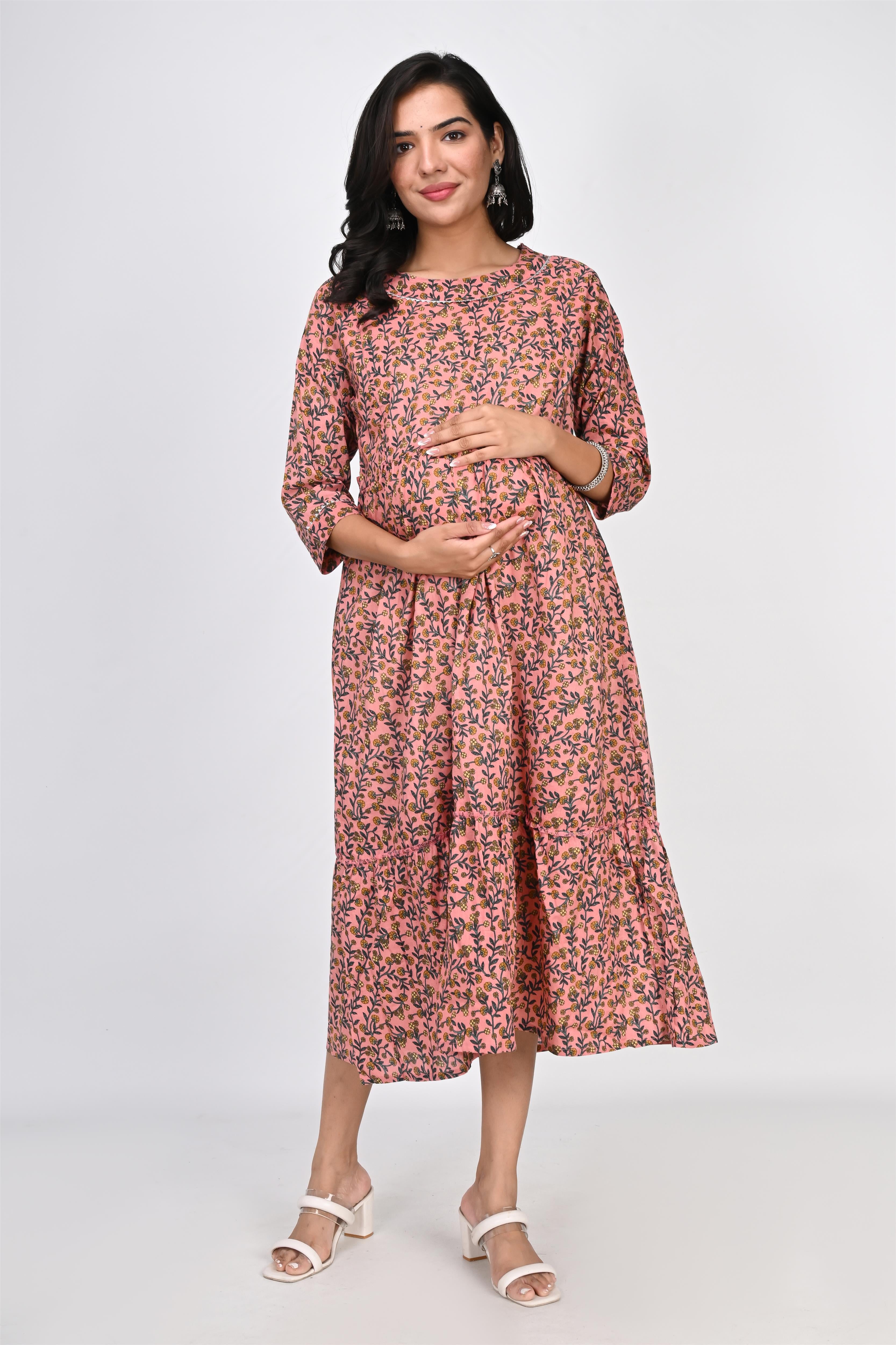 Ofably Yellow Floral Print With Lace Maternity Chain Feeding Kurti - Peach (OFMK140)