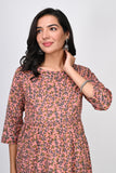 Ofably Yellow Floral Print With Lace Maternity Chain Feeding Kurti - Peach (OFMK140)