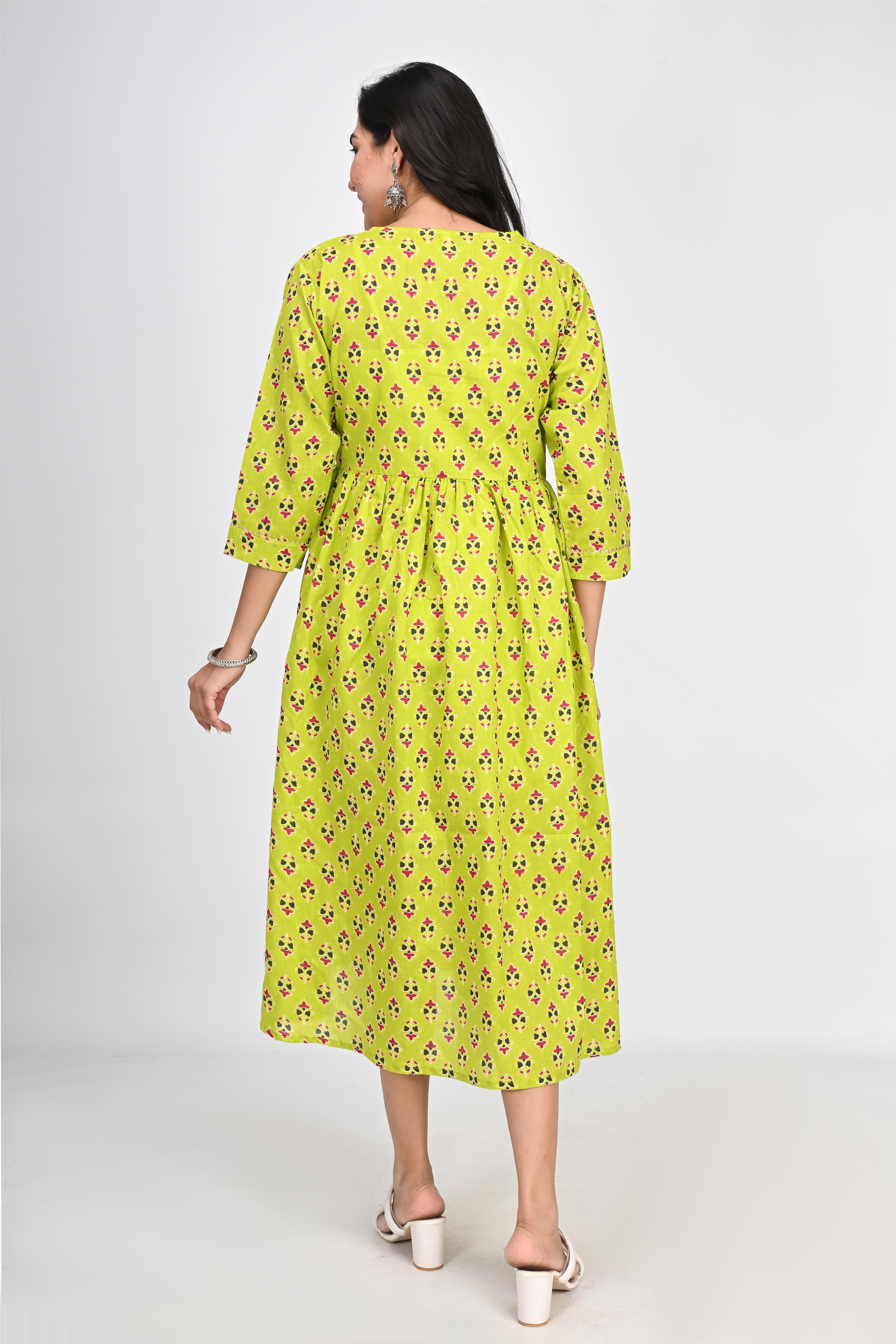 Ofably Up & Down Contrast Maternity Chain Feeding Cotton Dress - Parrot Green (OFMK141)