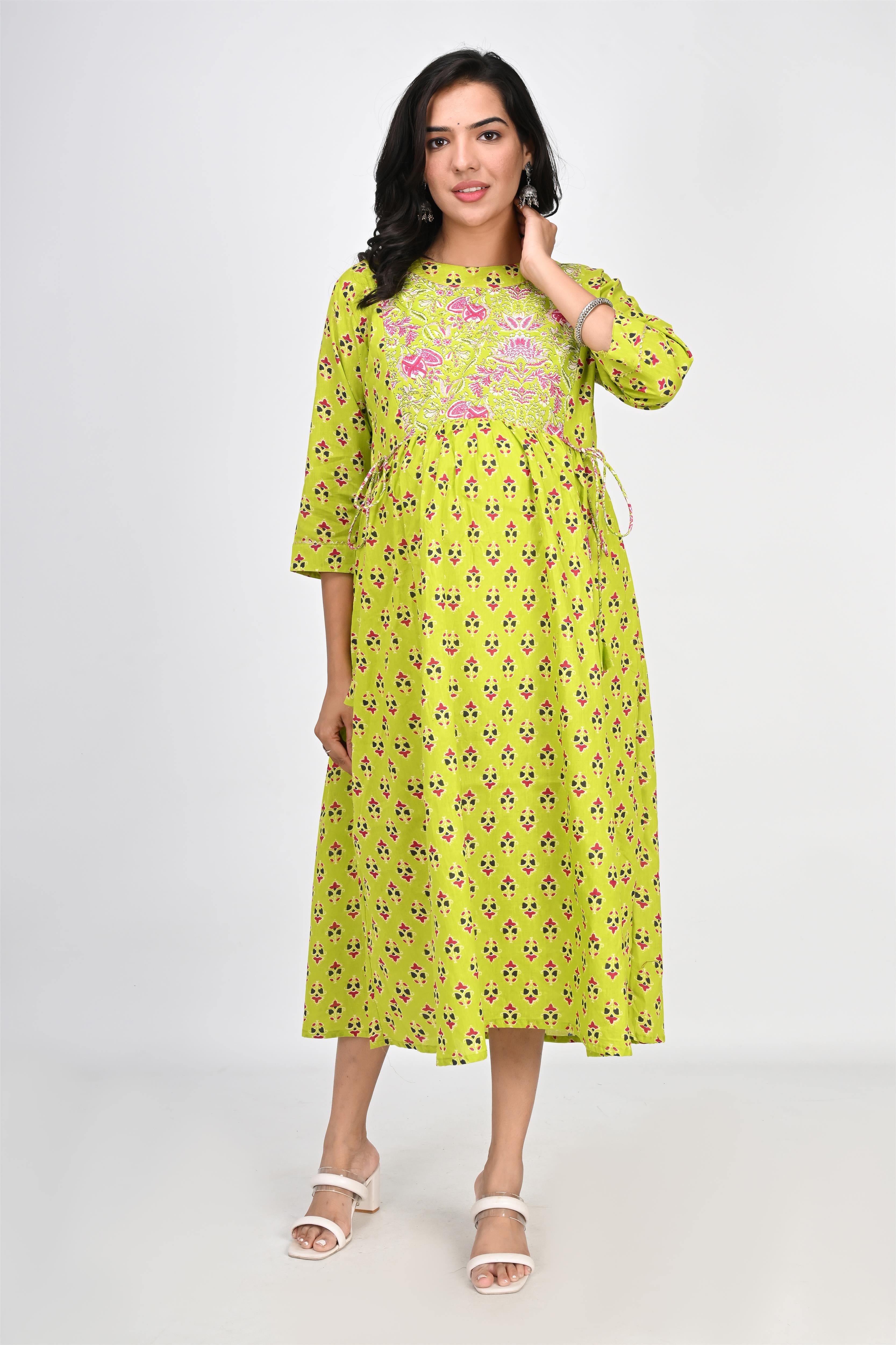 Ofably Up & Down Contrast Maternity Chain Feeding Cotton Dress - Parrot Green (OFMK141)