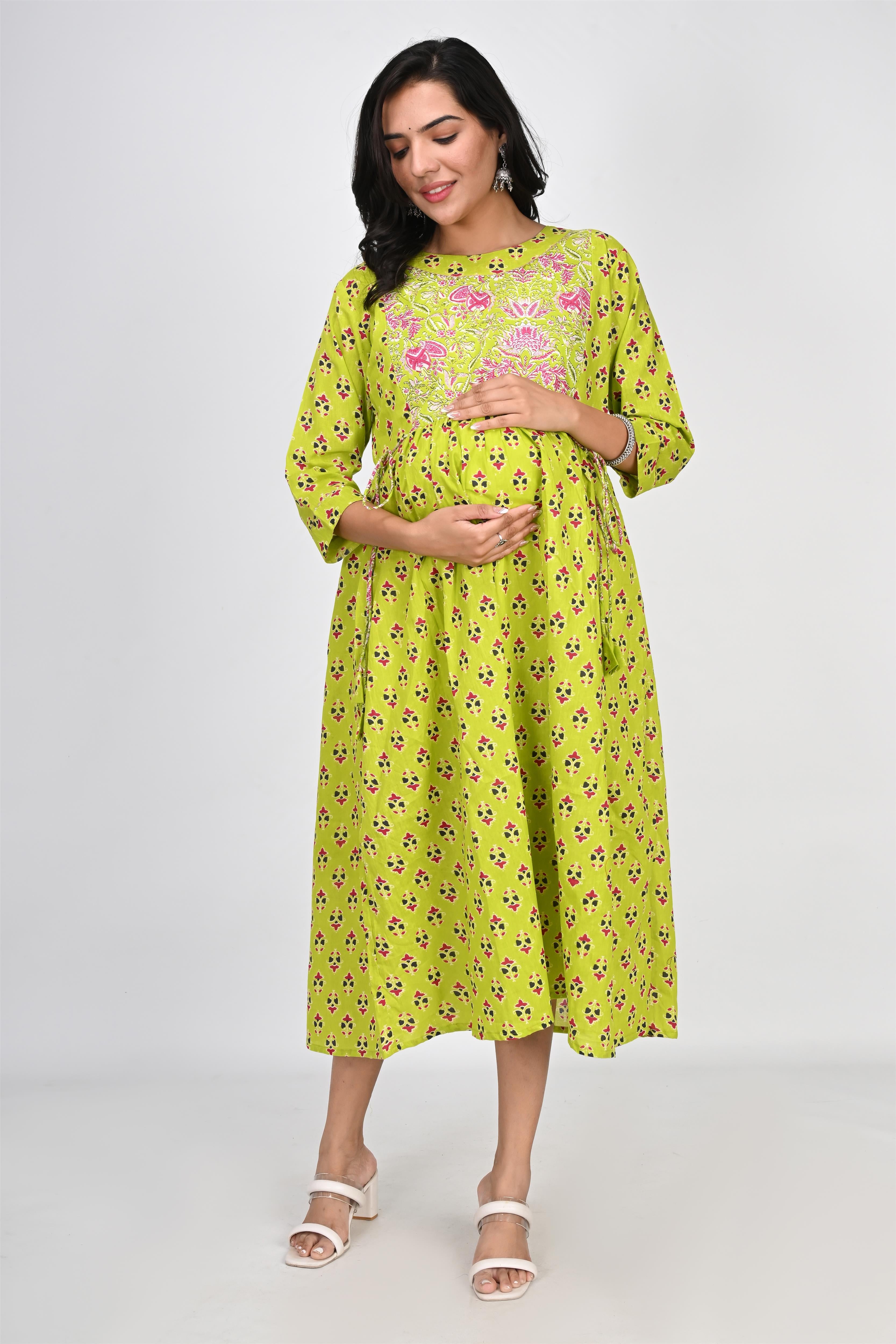 Ofably Up & Down Contrast Maternity Chain Feeding Cotton Dress - Parrot Green (OFMK141)