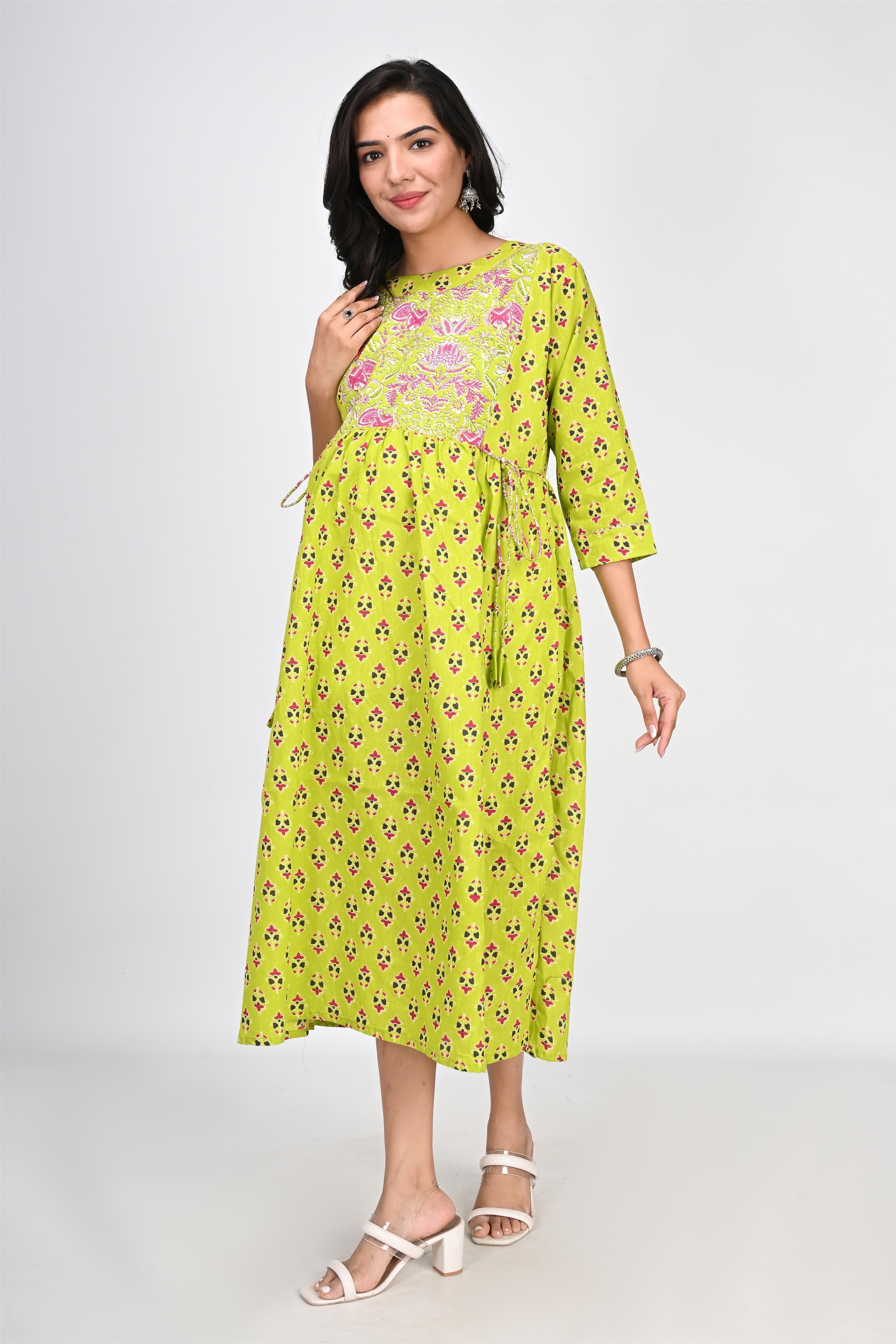 Ofably Up & Down Contrast Maternity Chain Feeding Cotton Dress - Parrot Green (OFMK141)