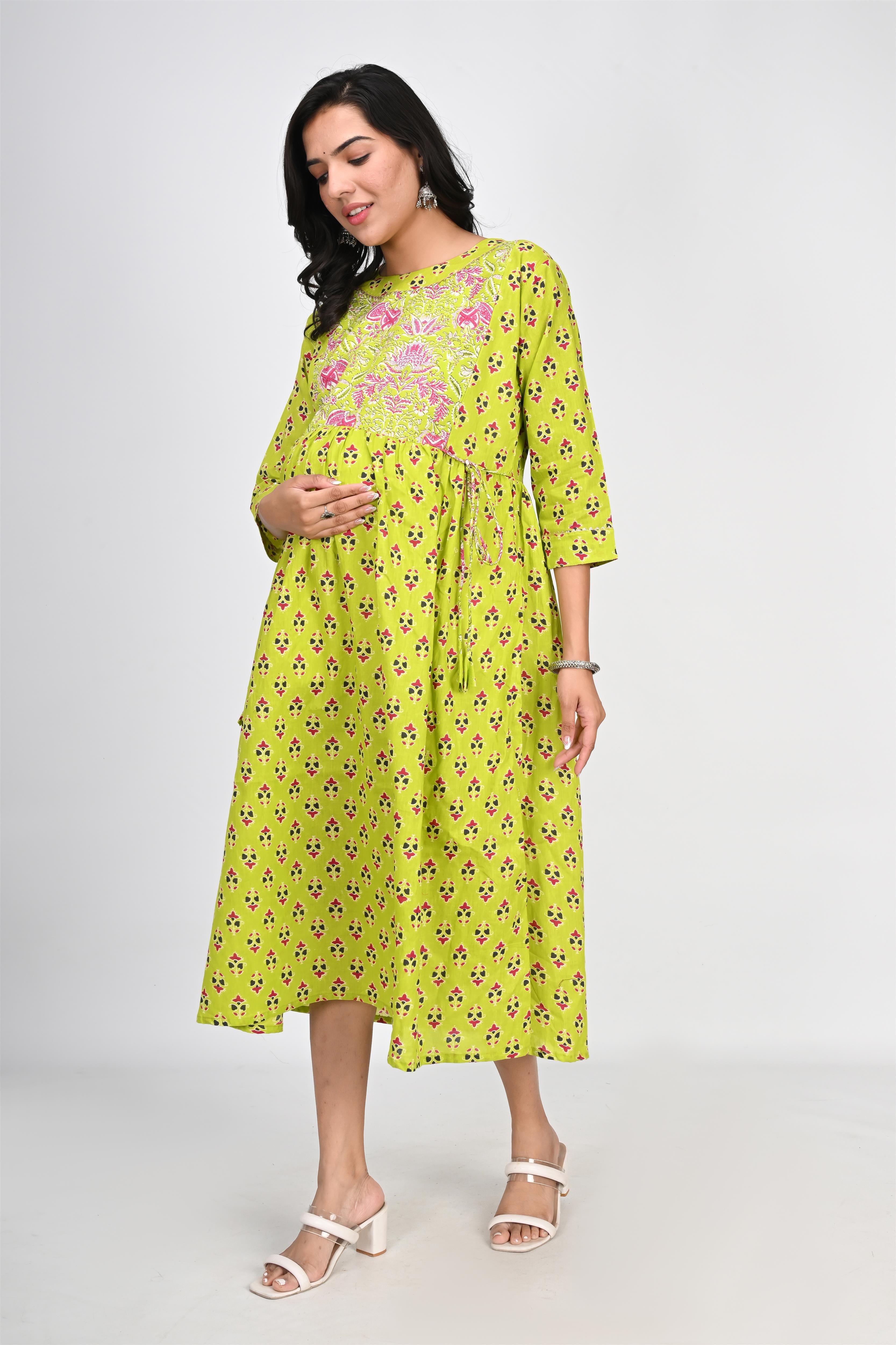 Ofably Up & Down Contrast Maternity Chain Feeding Cotton Dress - Parrot Green (OFMK141)