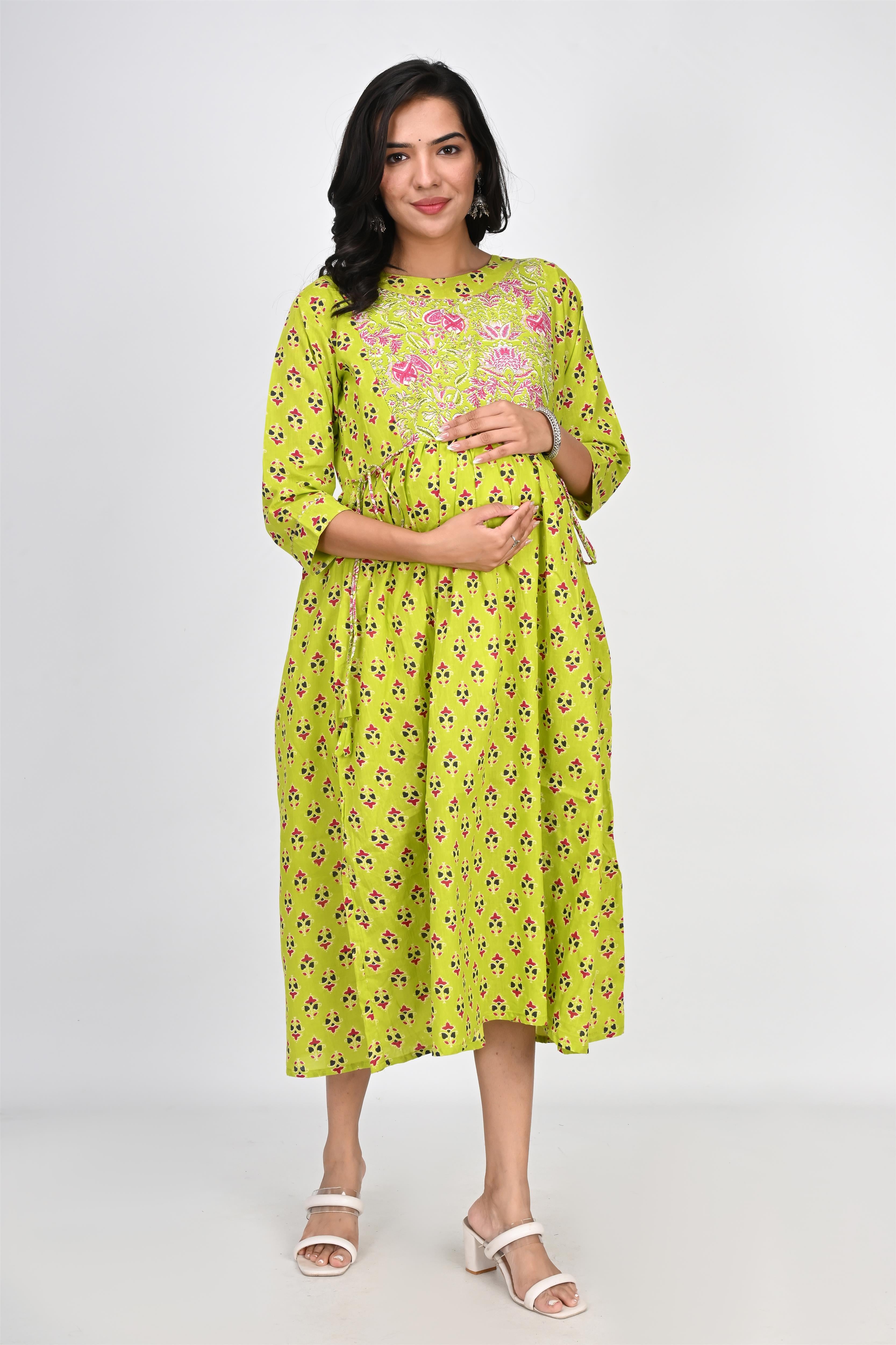 Ofably Up & Down Contrast Maternity Chain Feeding Cotton Dress - Parrot Green (OFMK141)