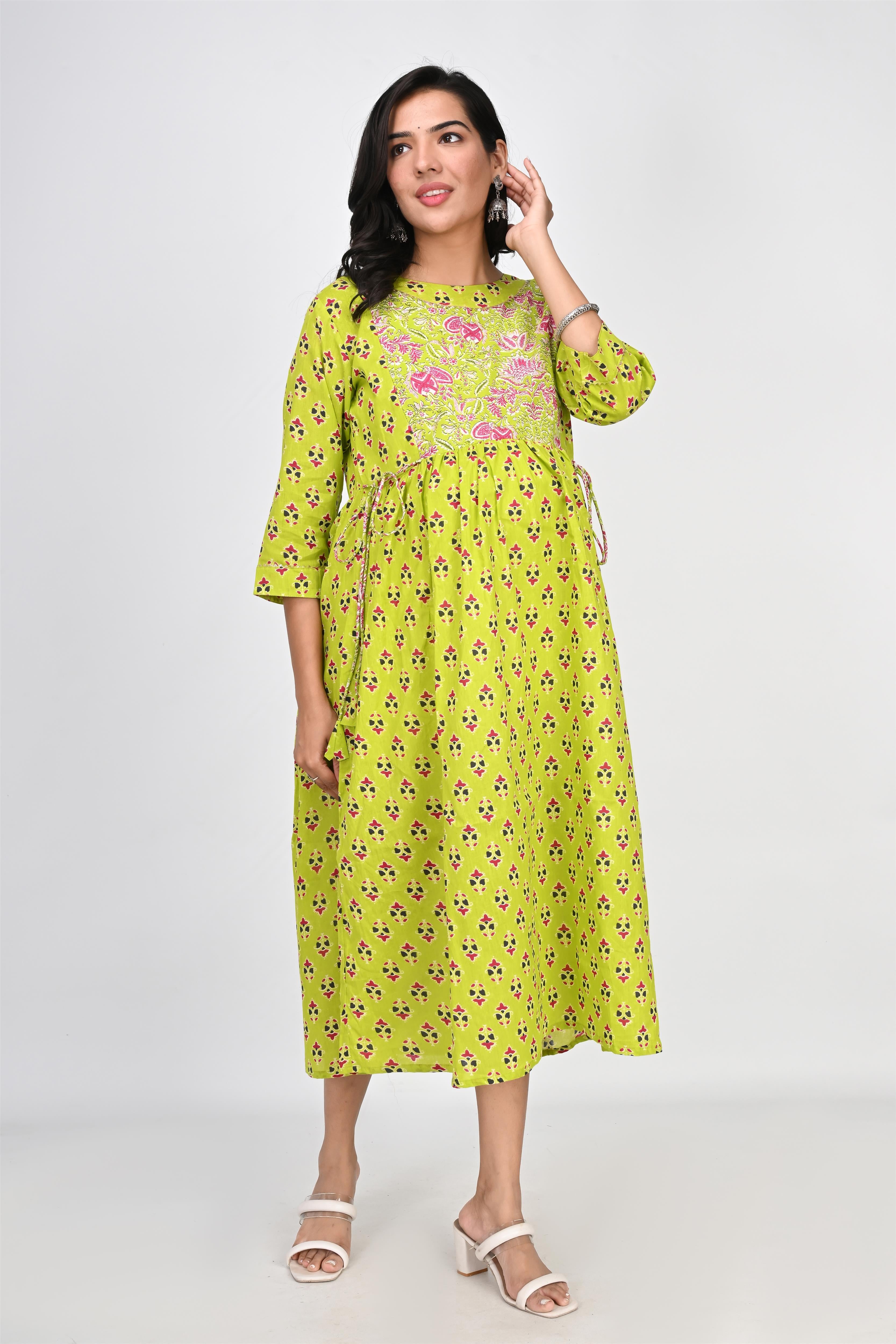 Ofably Up & Down Contrast Maternity Chain Feeding Cotton Dress - Parrot Green (OFMK141)