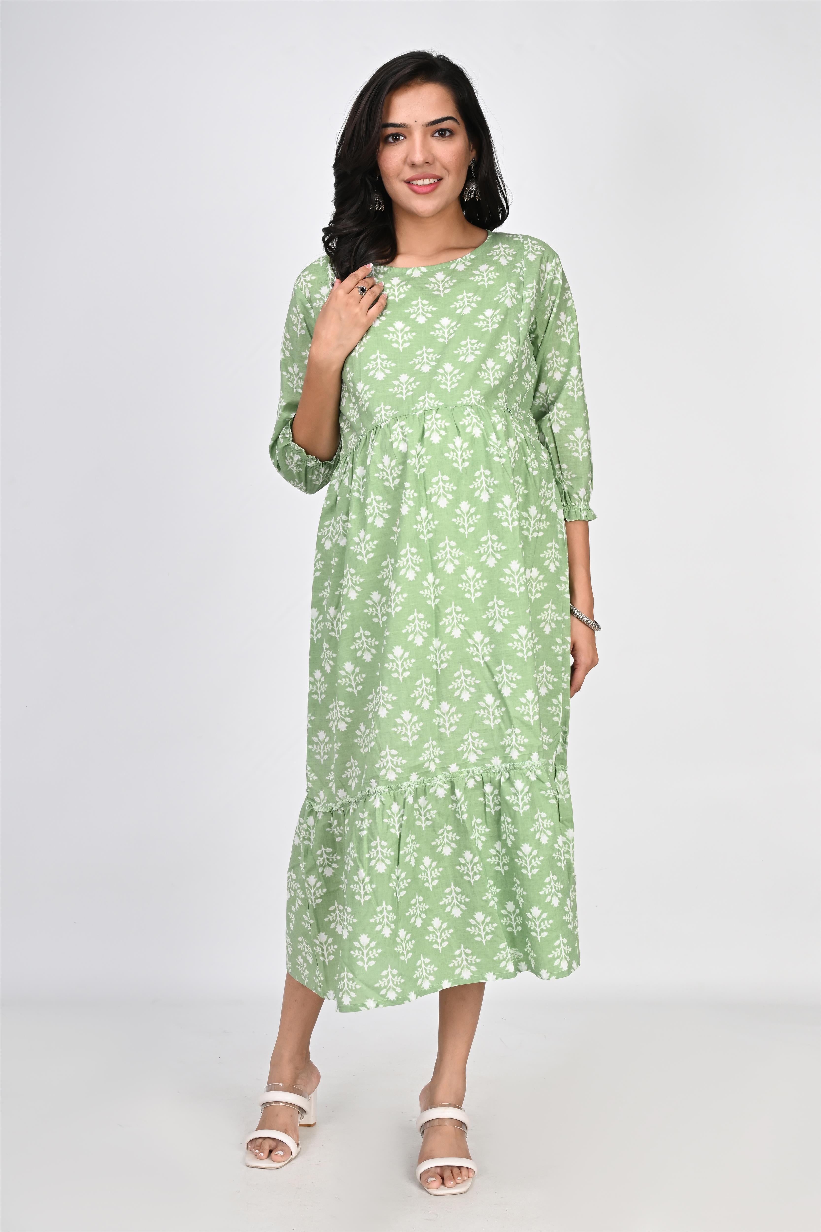 Ofably White Floral Print Maternity Chain Feeding Kurti - Pista Green (OFMK142)