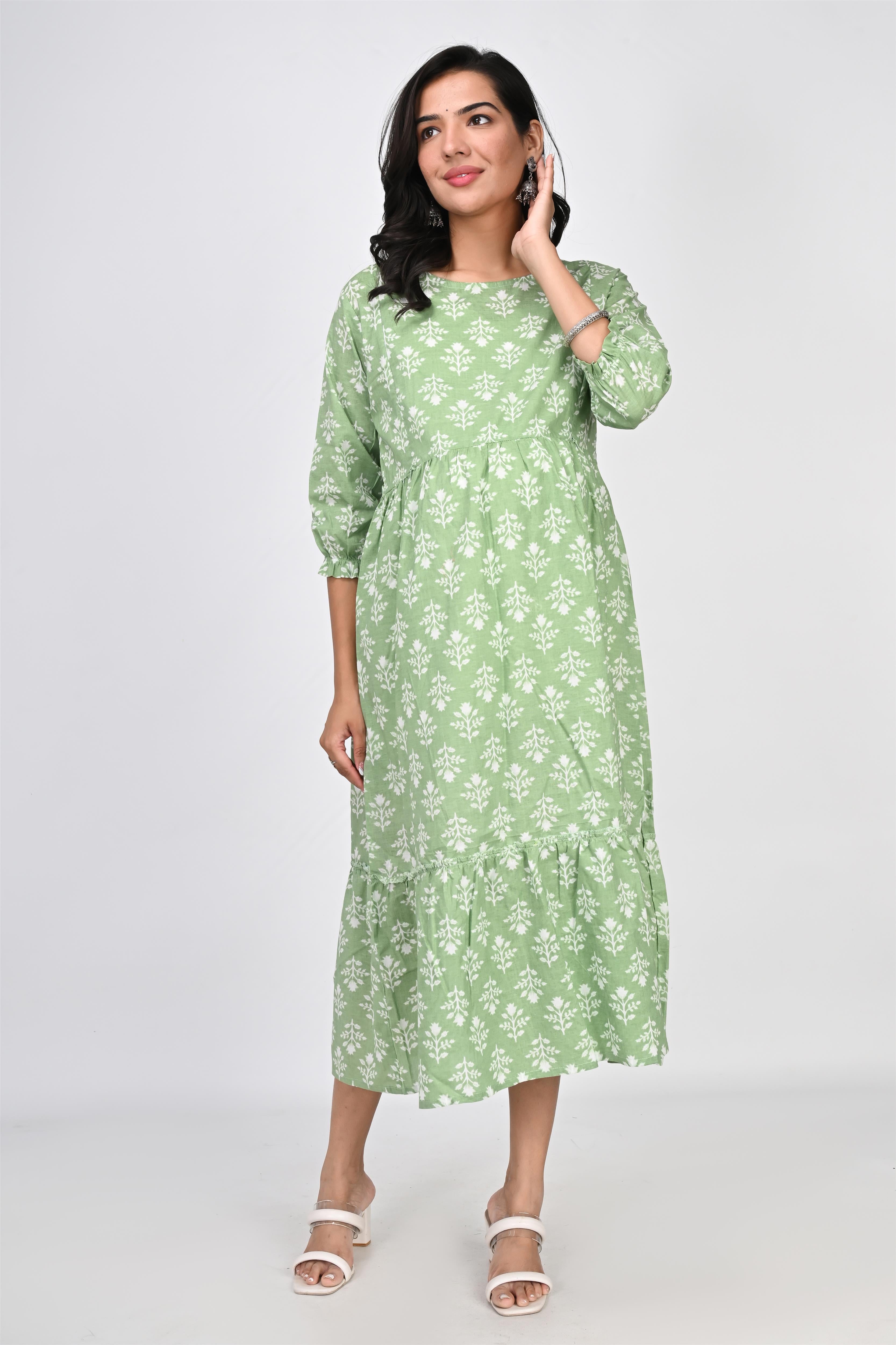 Ofably White Floral Print Maternity Chain Feeding Kurti - Pista Green (OFMK142)