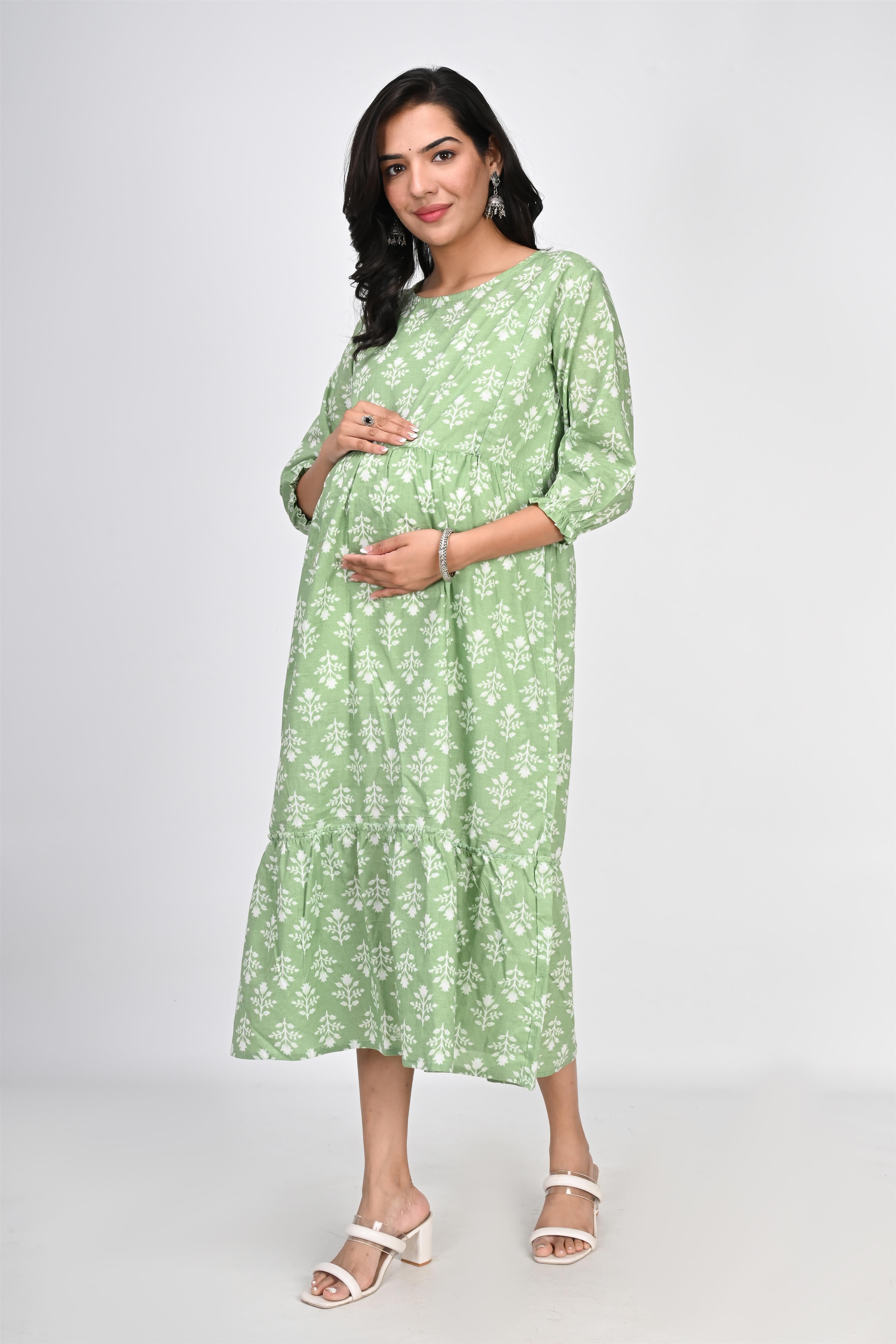 Ofably White Floral Print Maternity Chain Feeding Kurti - Pista Green (OFMK142)