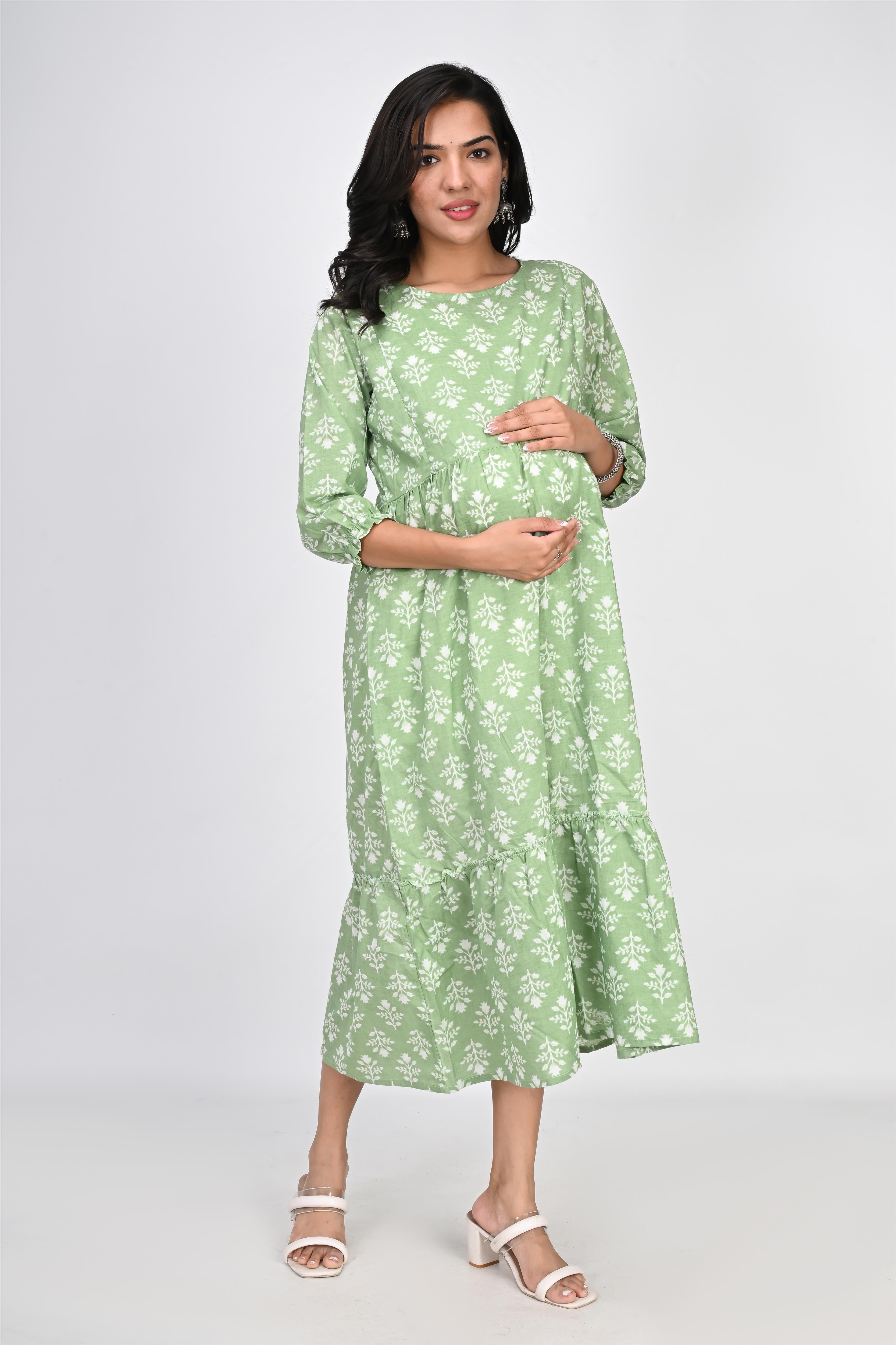 Ofably White Floral Print Maternity Chain Feeding Kurti - Pista Green (OFMK142)